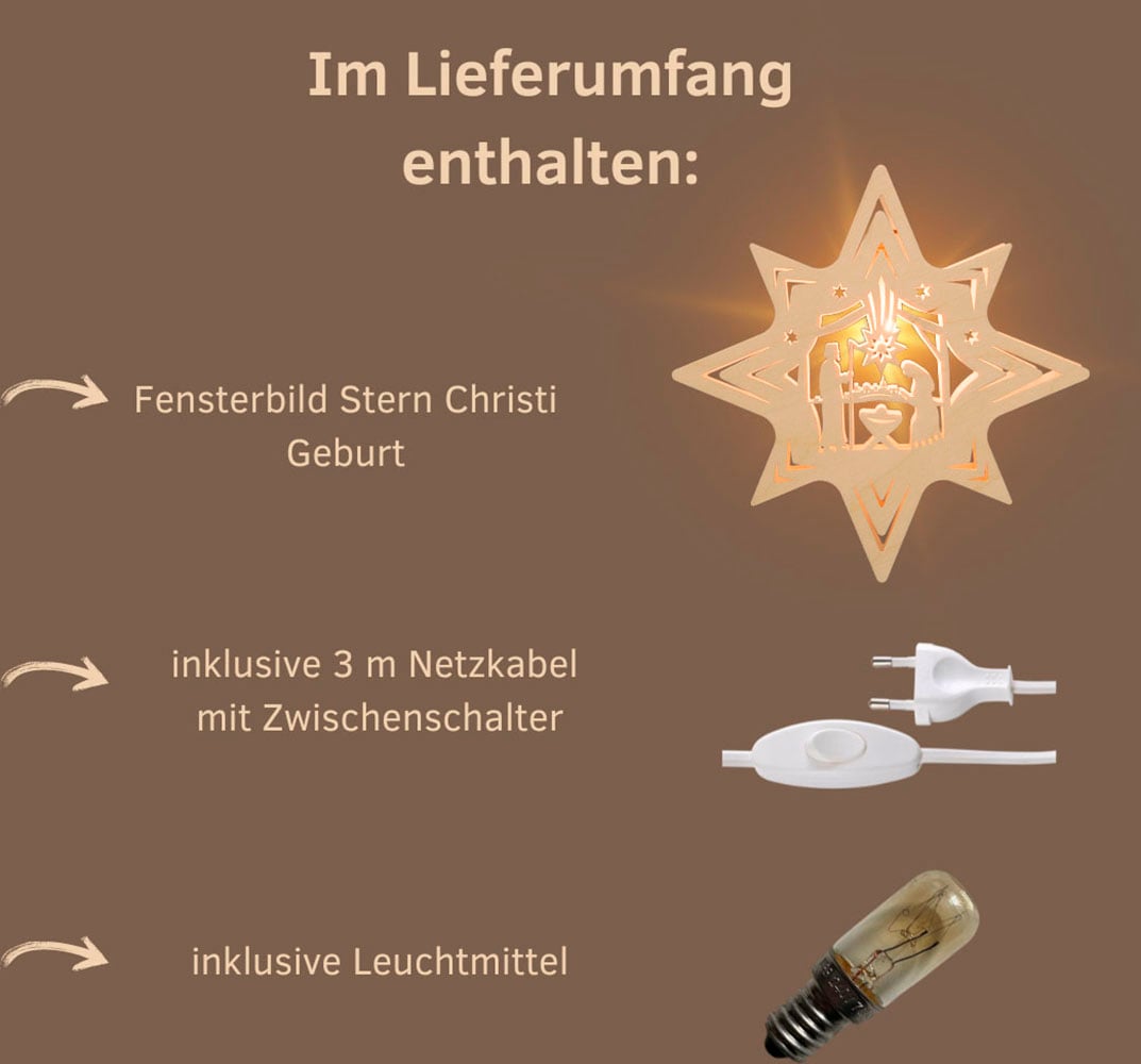 Weigla Dekostern »Christi Geburt, Bethlehem, Fensterbild, NATUR, Made in Germany« Erzgebirge garantiert, Weihnachtsdeko Innen, Weihnachtsbeleuchtung