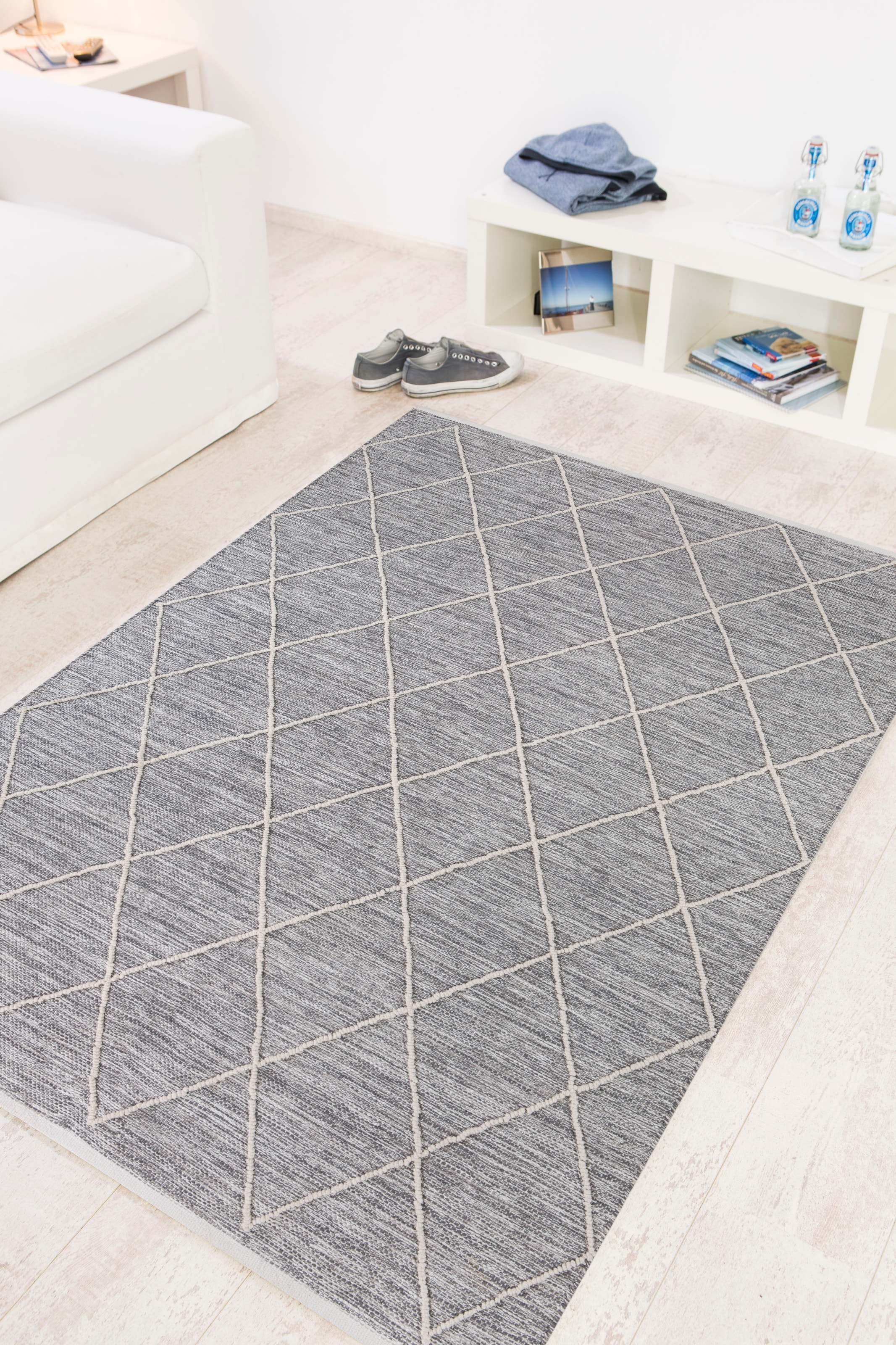 Teppich OTTO HOME "Pamplona", grau, B:140cm H:8mm L:200cm, Baumwolle, Teppiche, Teppich, Handweb-Teppich, Rauten-Motiv, handgewebt, reine Baumwolle