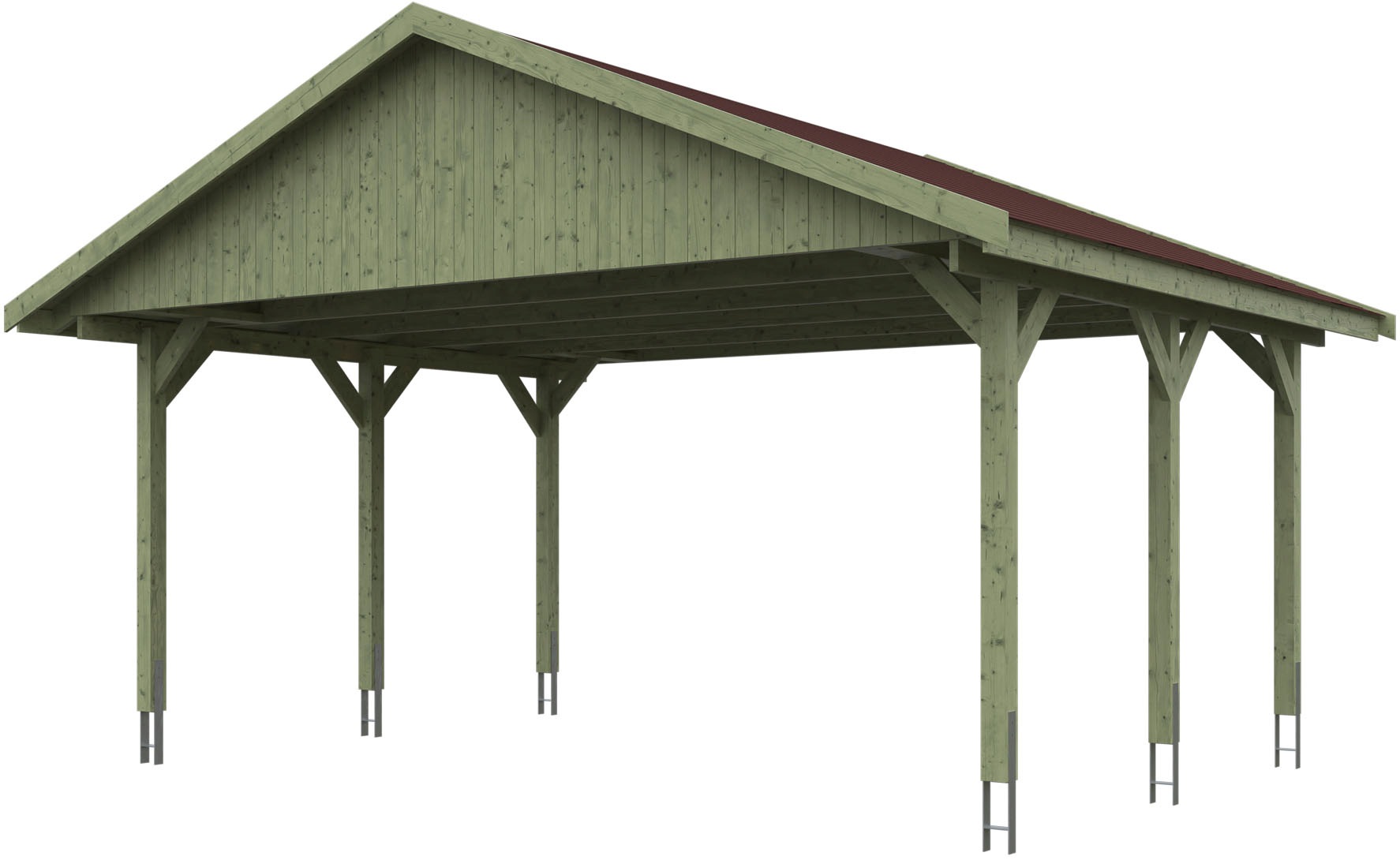 Doppelcarport »Wallgau«, Nadelholz, 530 cm, Grün, 620x500cm, rote Schindeln