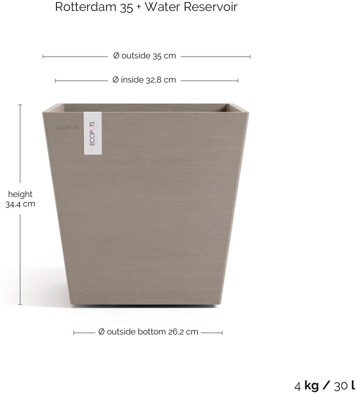 ECOPOTS Blumentopf »Rotterdam 35 + Wassersystem Taupe«, für innen und außen: frostsicher, bruchsicher und lichtbeständig