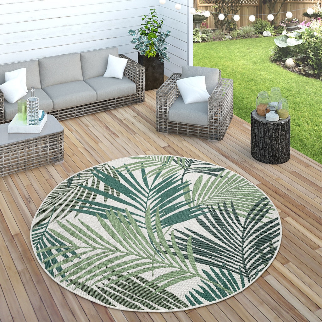 Paco Home Teppich »Ostende 534«, rund, Flachgewebe, Motiv Palmenblätter, In- und Outdoor geeignet, Wohnzimmer