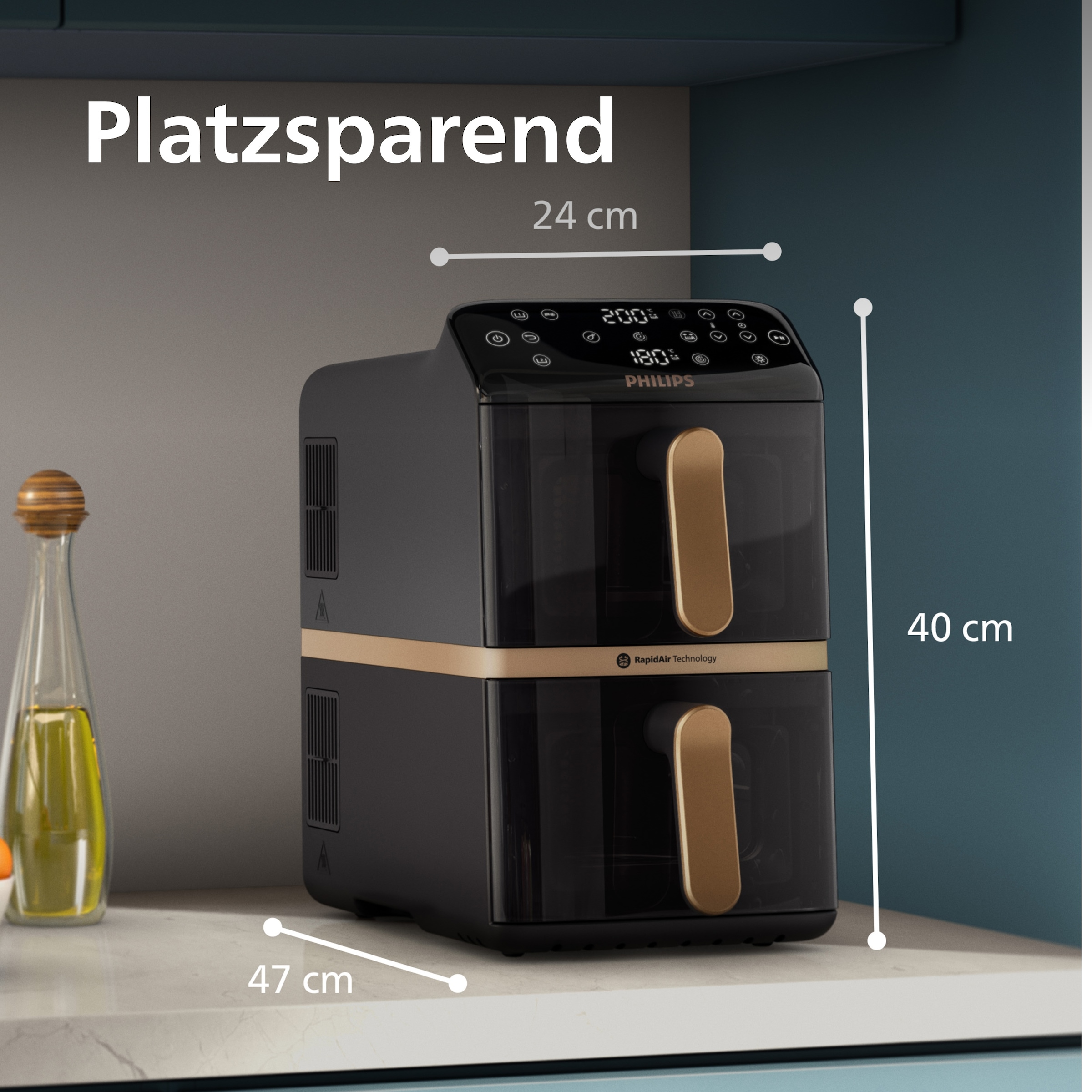 Philips Heißluftfritteuse »NA462/70 4000 Series Stacked Dual Basket und 10L Kapazität (5+5L)« 2750 W Fassungsvermögen 0 l RapidAir Technologie; Schwarz/Dunkelgrau, kupfer Griff