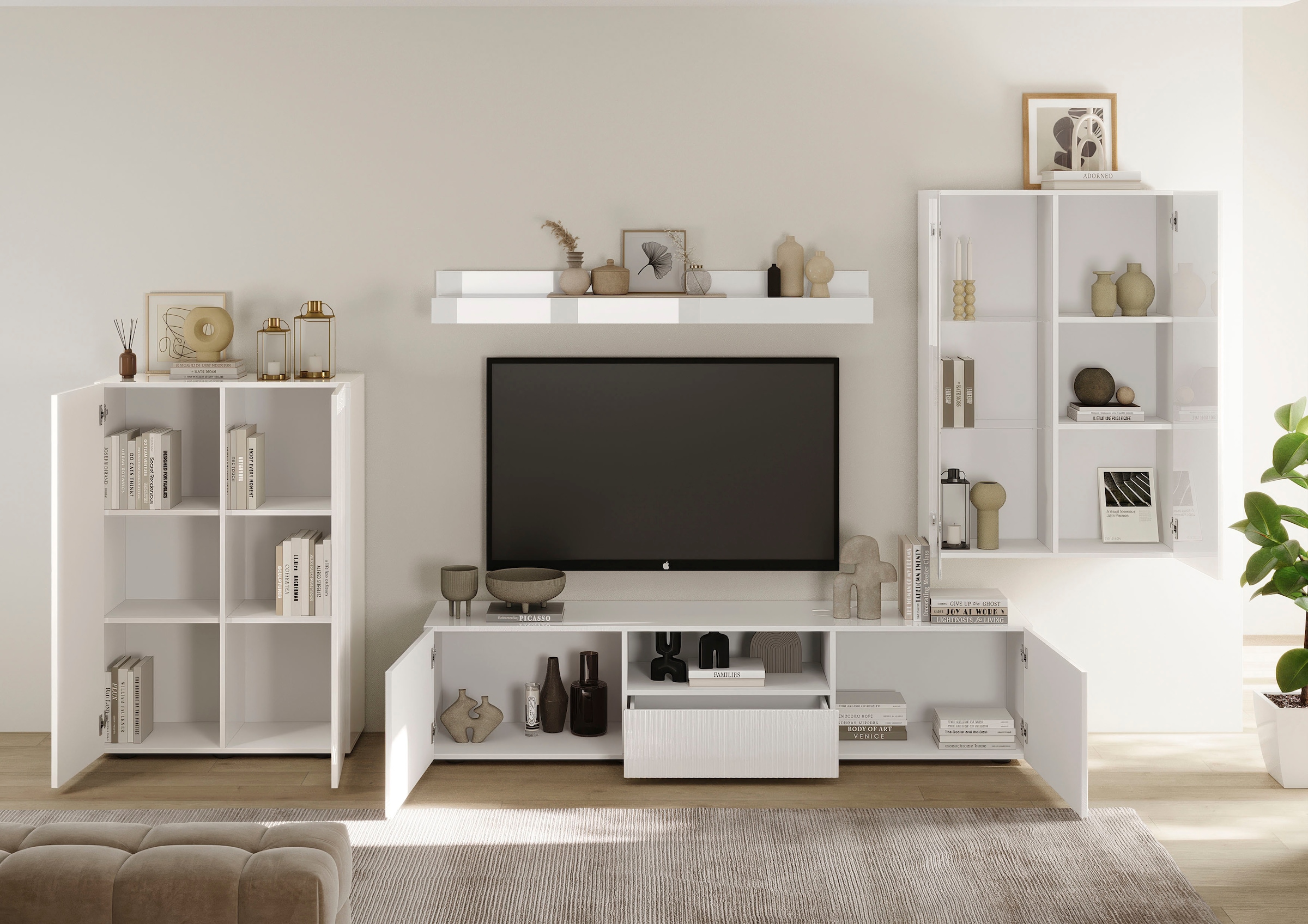 INOSIGN Wohnwand »Rio, 4tlg. Breite 300 cm, modernes, elegantes Wohnzimmer-Set«, (4 St.), (Lowboard, Highboard, Hängevitrine, Wandboard), MDF-Fronten geriffelt