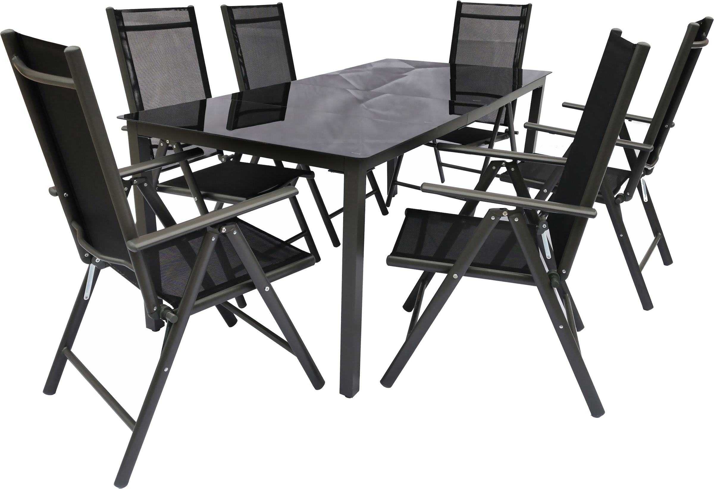 Garten-Essgruppe VCM "7 tlg. Alu Glas Tisch Gartenset Sitzgruppe 189SW", schwarz (anthrazit), B:189cm T:90cm, Obermaterial: 100% Metall MT., Sitzmöbel-Sets