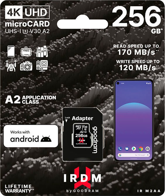 Goodram Speicherkarte »IRDM 256GB microSDXC UHS I U3 A2 + adapter«, (Video Speed Class 30 (V30) 170 MB/s Lesegeschwindigkeit)