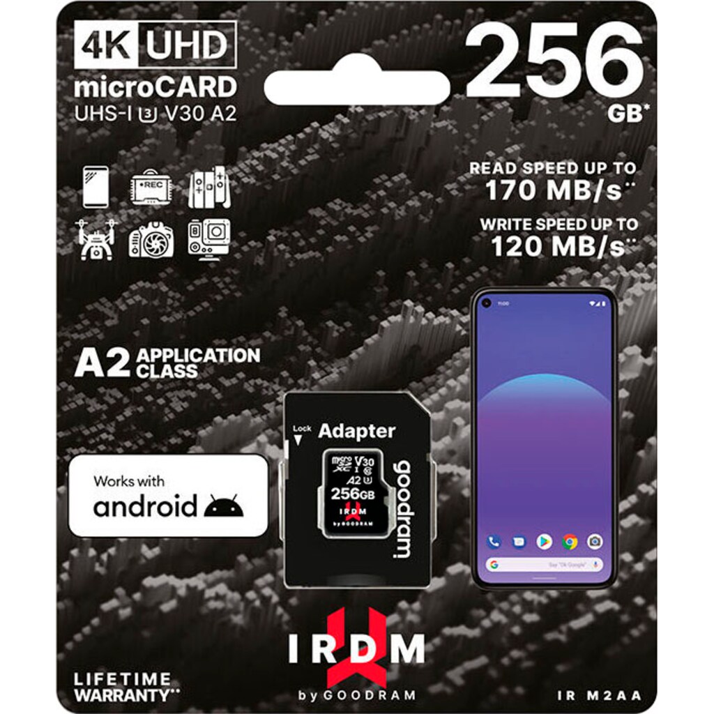 Goodram Speicherkarte »IRDM 256GB microSDXC UHS I U3 A2 + adapter«, (Video Speed Class 30 (V30) 170 MB/s Lesegeschwindigkeit)