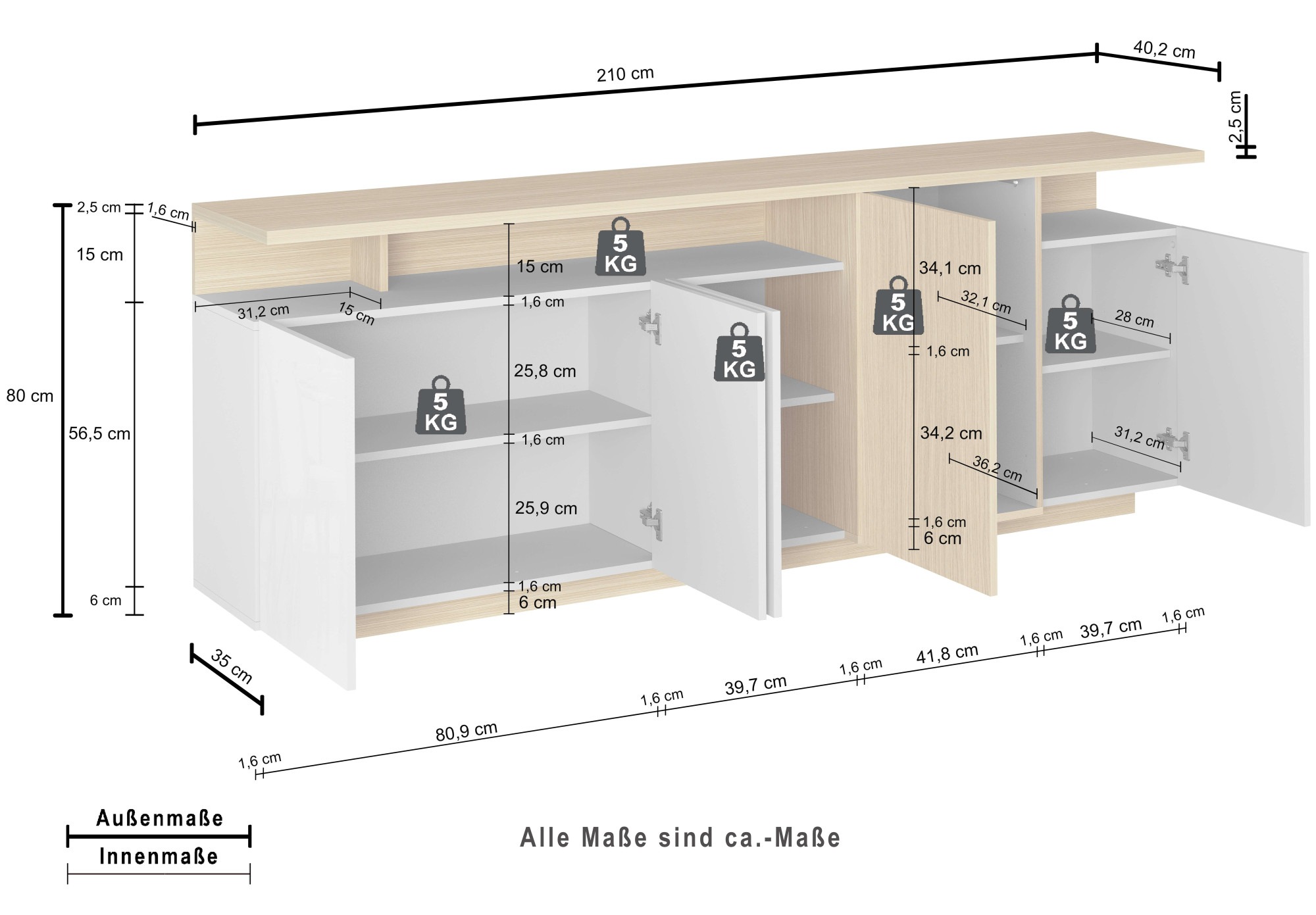 OTTO home Sideboard »Sideboard ETHOS, Kommode, Schrank, Kredenz« 1 Stk. tlg. Mit 5 Drehtüren, 8 Innenfächern und 2 Außenfächern, B.210 cm
