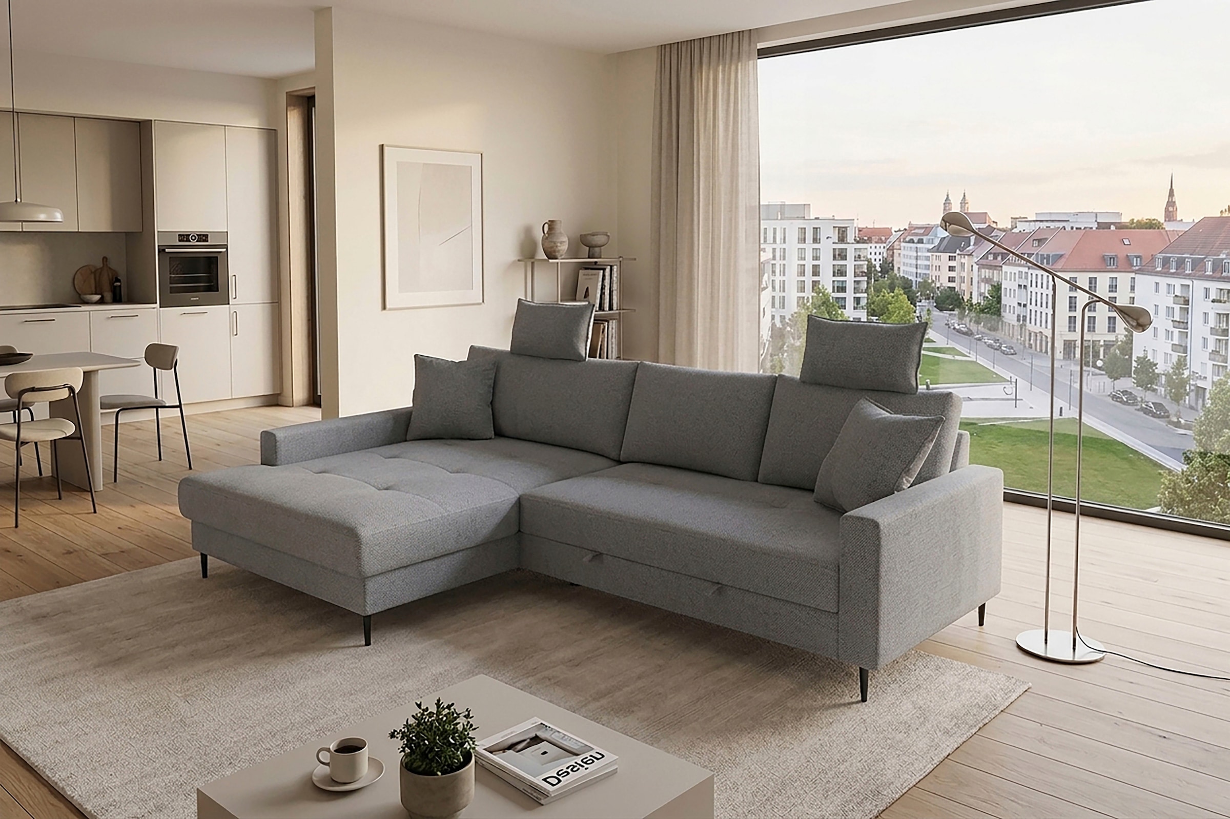 Trends by HG Ecksofa "Summer L-Form, B: 284 cm, Schlaffunktion, 2 Zierkissen" mit Kopfstützen, Wellenfederung, frei stellbar
