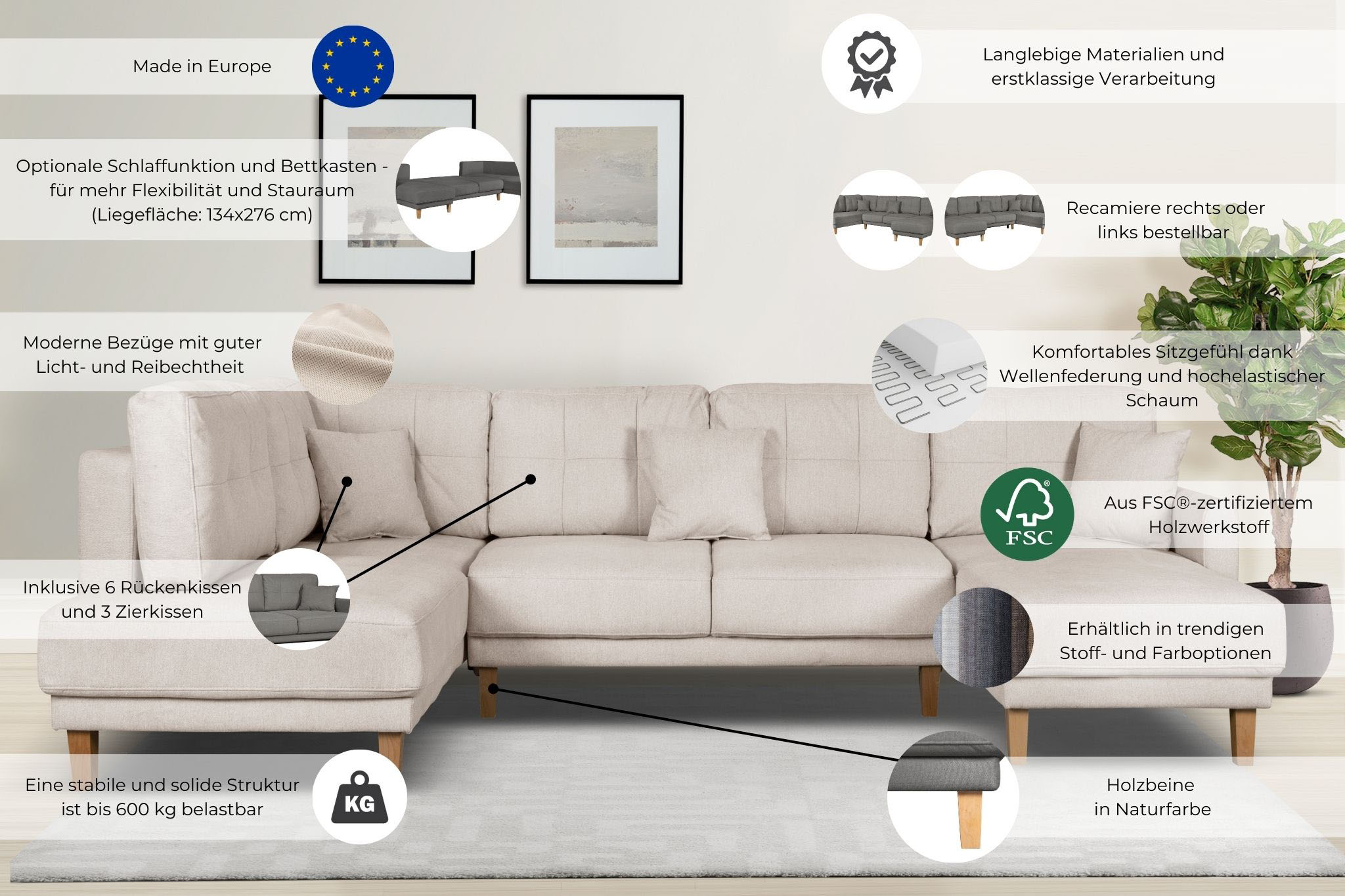 Thumbnail - Home affaire Wohnlandschaft "TRIPLO U-Form wahlweise mit Schlaffunktion, B/T/H: 310/192/90 cm" Schlafsofa, auch mit Bett...