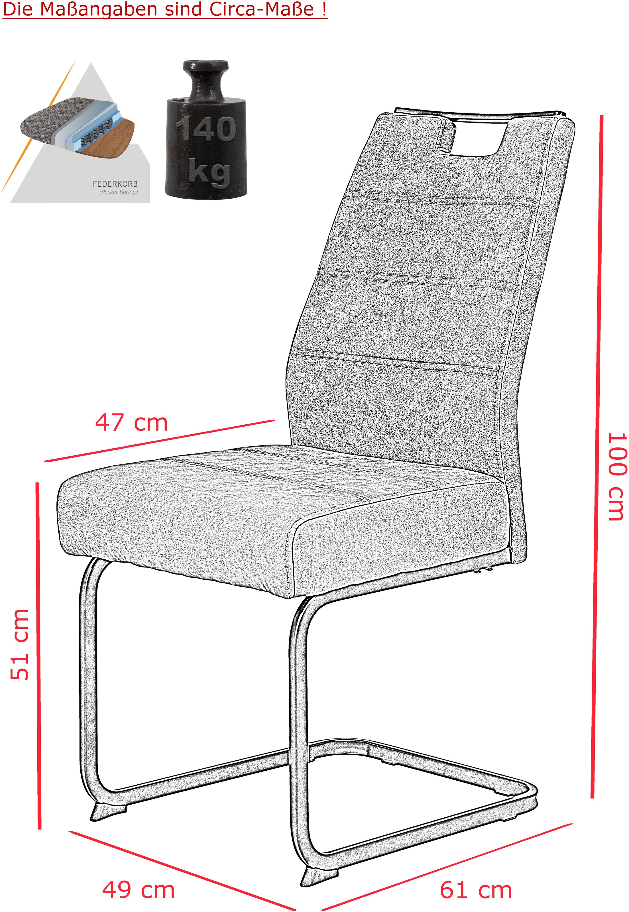 HELA Freischwinger »KERTIN« (Set) 2 Stk.XL Sitzbreite, Griff, Federkorb, 140kg belastbar