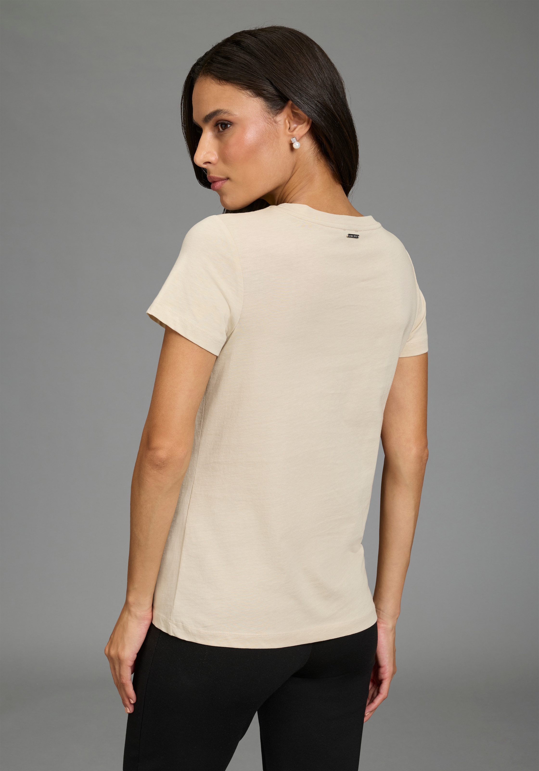 Laura Scott T-Shirt mit schimmerndem Folienprint, hüftlange Basic-Passform