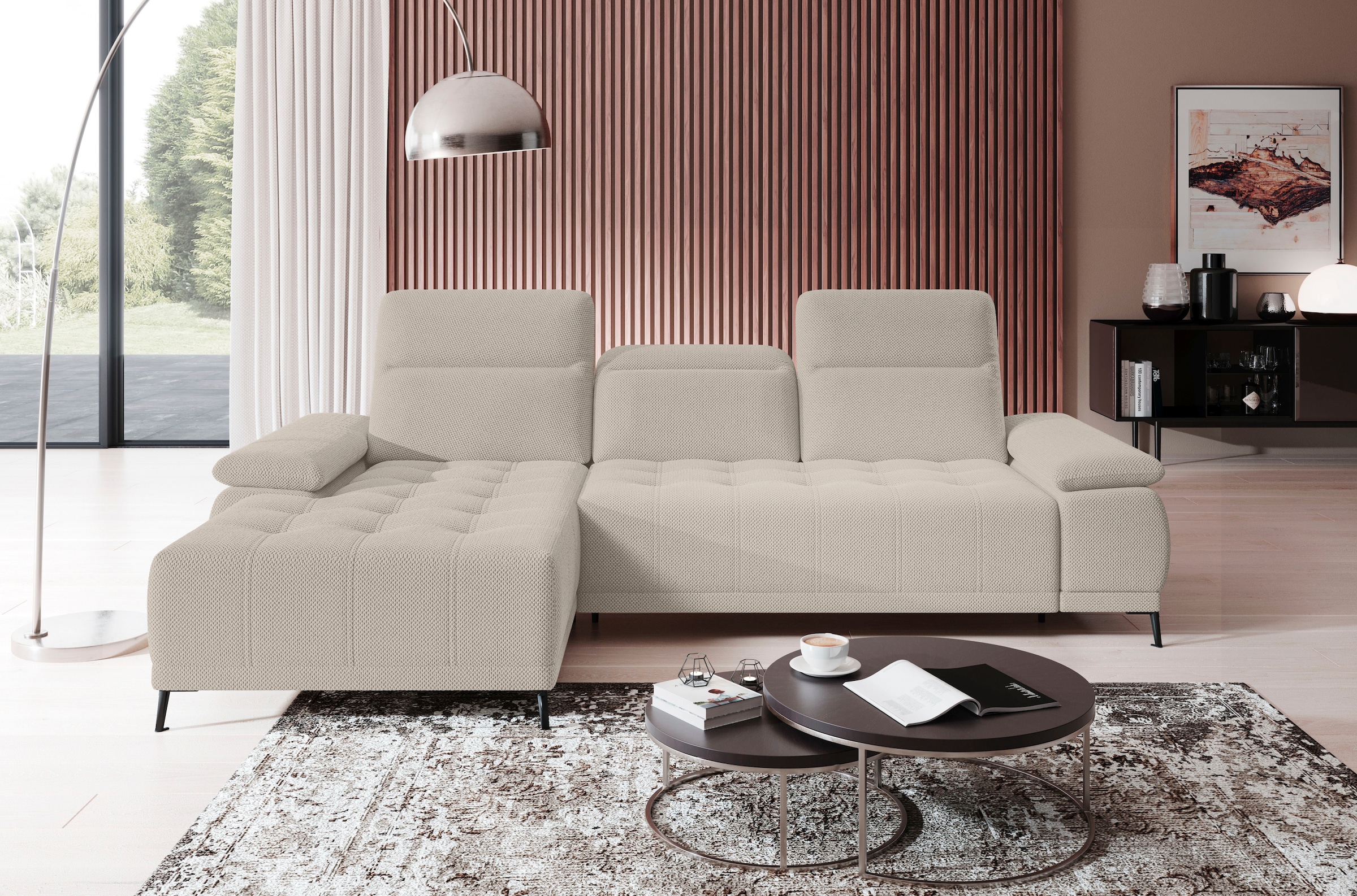 WERK2 Ecksofa "Focus-S 277 x 177 cm modern und bequem" Webstoff, L-Form, XXL, elektrische Sitztiefenverstellung