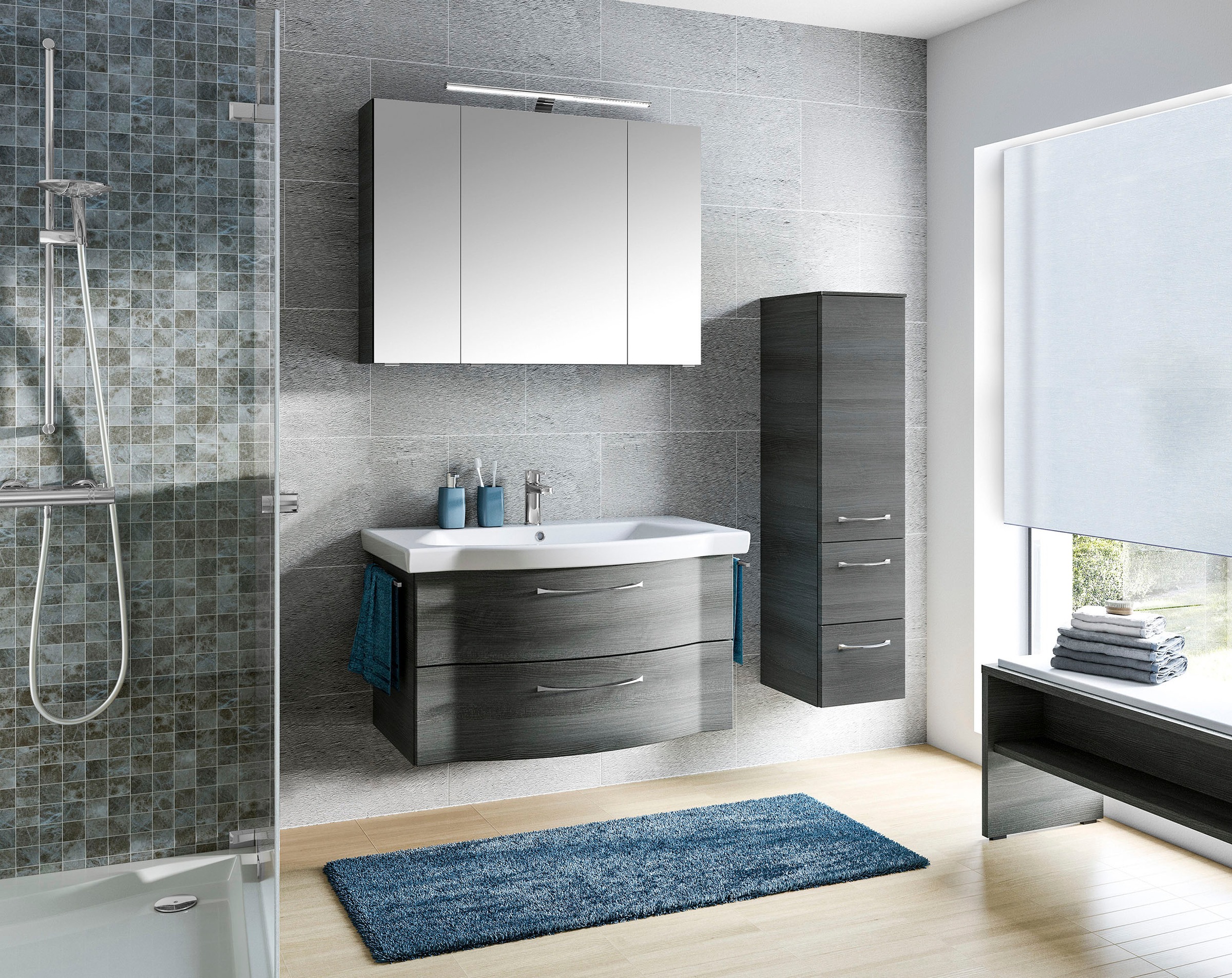 Saphir Badmöbel-Set »6005 Sprint 3-teilig, Keramik-Waschtisch mit LED-Spiegelschrank«, (4 St.), Midischrank, inkl. Türdämpfer, 4 Türen, 4 Schubladen, Bad-Set