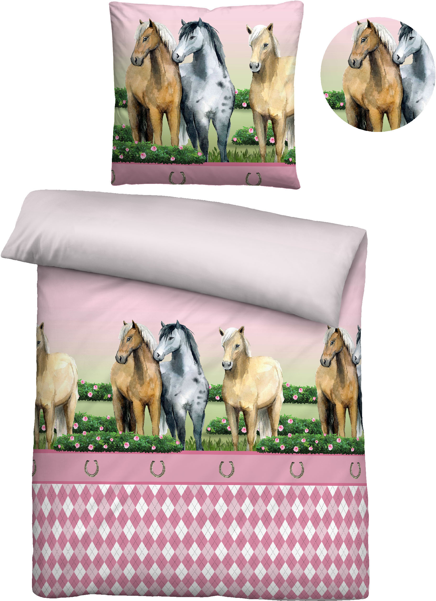 Thumbnail - Biberna Kinderbettwäsche "Pferde", 135/200+80/80 cm, atmungsaktiv, 100% Baumwolle, Reißverschluss