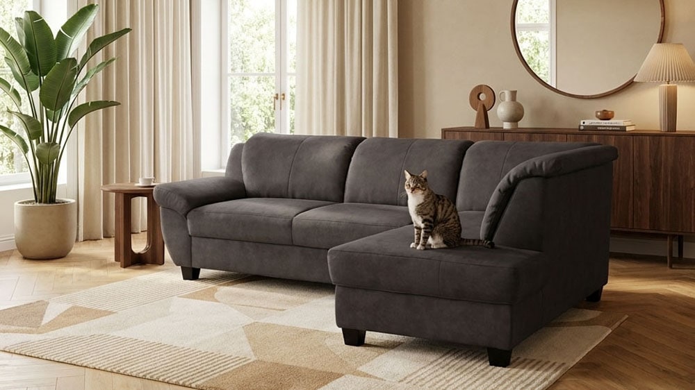 OTTO home Ecksofa "Sillkeborg 254 x 186 cm, formschönes Sofa mit dunklen Füßen" mit Schlaffunktion, L-Form, aus Pet Friendly Bezug