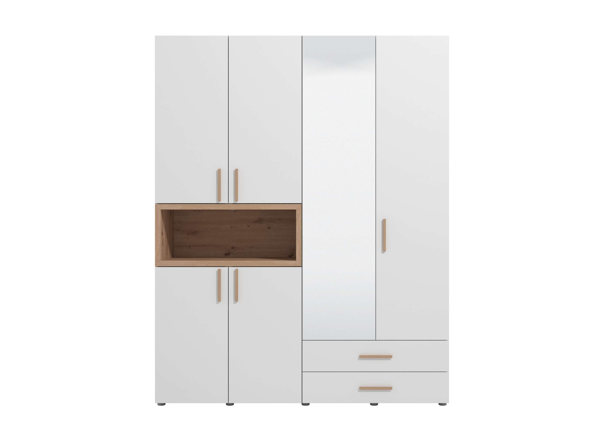 INOSIGN Kleiderschrank »Donald, inklusive Kleiderstangen und Einlegeböden, FSC-zertifiziert«, (134,5 oder 179cm breit, 227cm hoch und 56,5cm tief), In 2 Breiten, mit Spiegel und Schubladen, 1 offenes Fach in Holzoptik