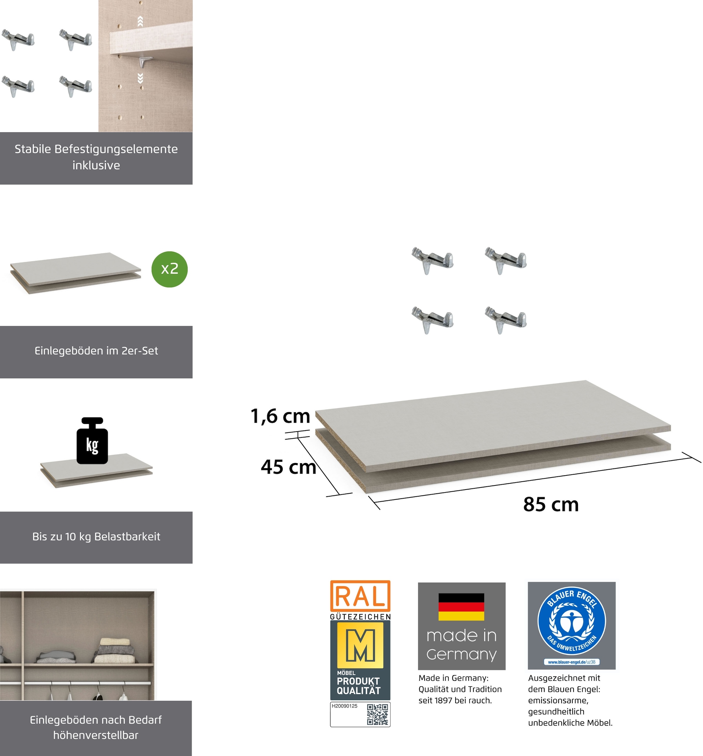 rauch Einlegeboden »Zubehör für Rauch-Schwebetürenschränke BLUE«, 2er-Set Breite 85 cm, Tiefe 45 cm