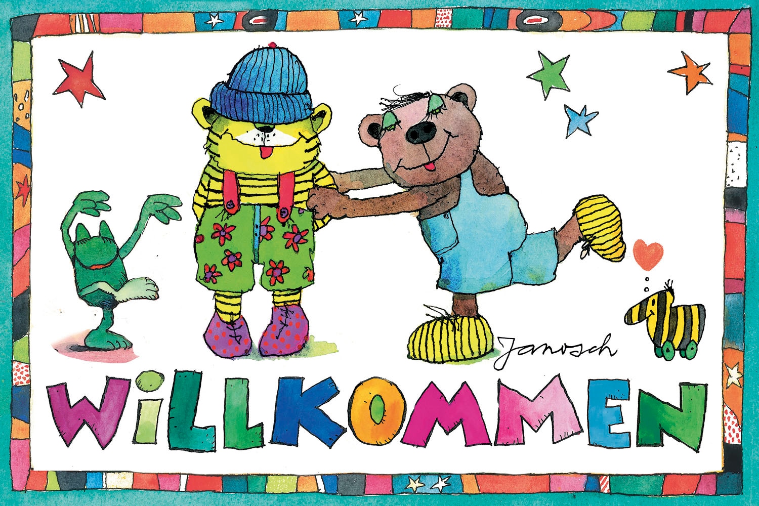 LuckyLinde Leinwandbild »Der kleine Tiger und der kleine Bär - Willkommen« Bär | Bären | Ente | Enten | Figuren | Filmfiguren | Frosch | Natur | Schriftzug | Sterne | Teddy | Tiere | Tiger | little star 1 Stk. tlg. Exklusive JANOSCH Kindermotive