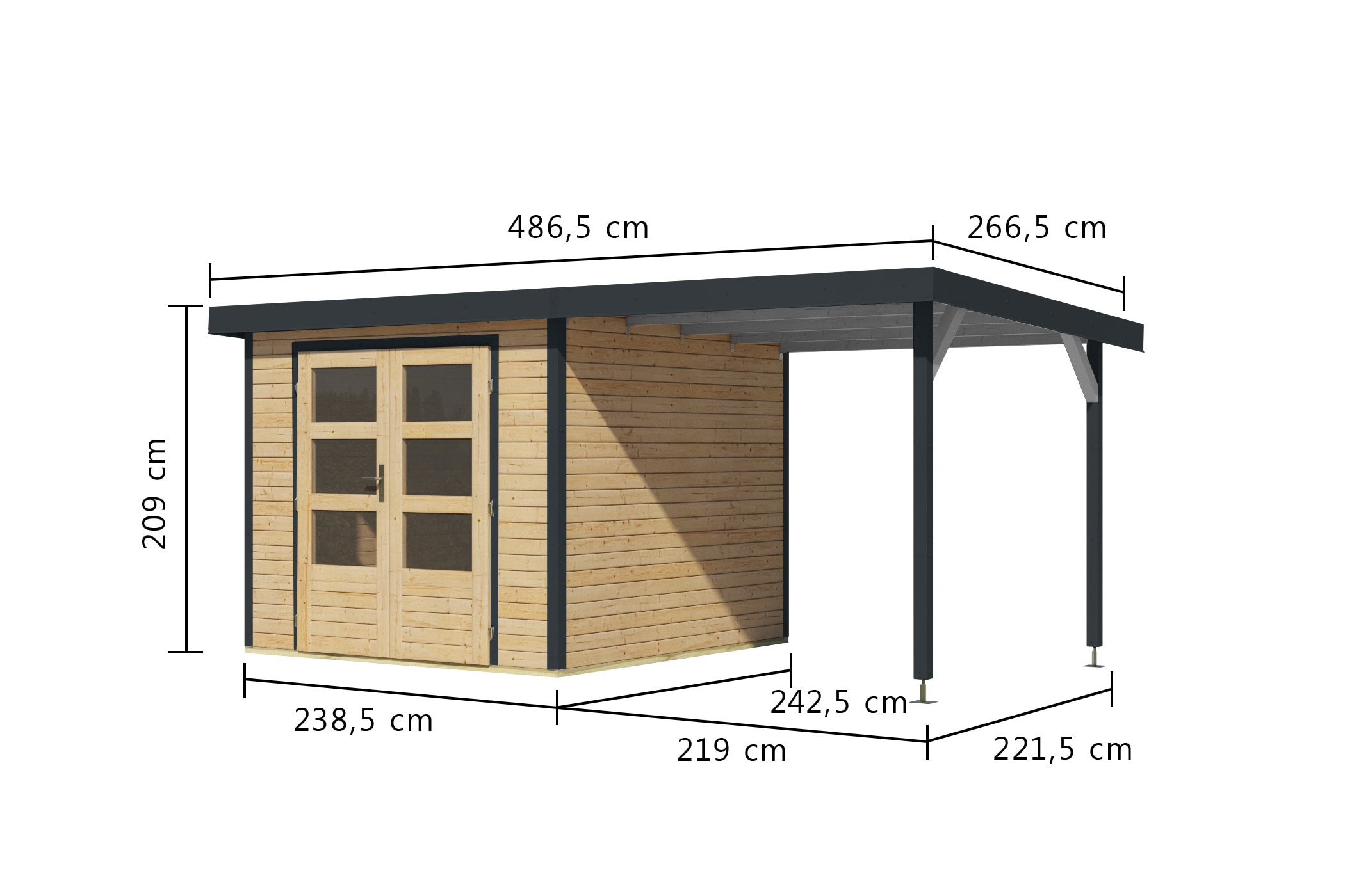 Karibu Gartenhaus »"Jupiter 3,5 A" SET naturbelassen, mit Anbaudach 2,35 m breit«, hochwertige Materialien: nordische Fichte, Stahlecken, Trapezblechdach