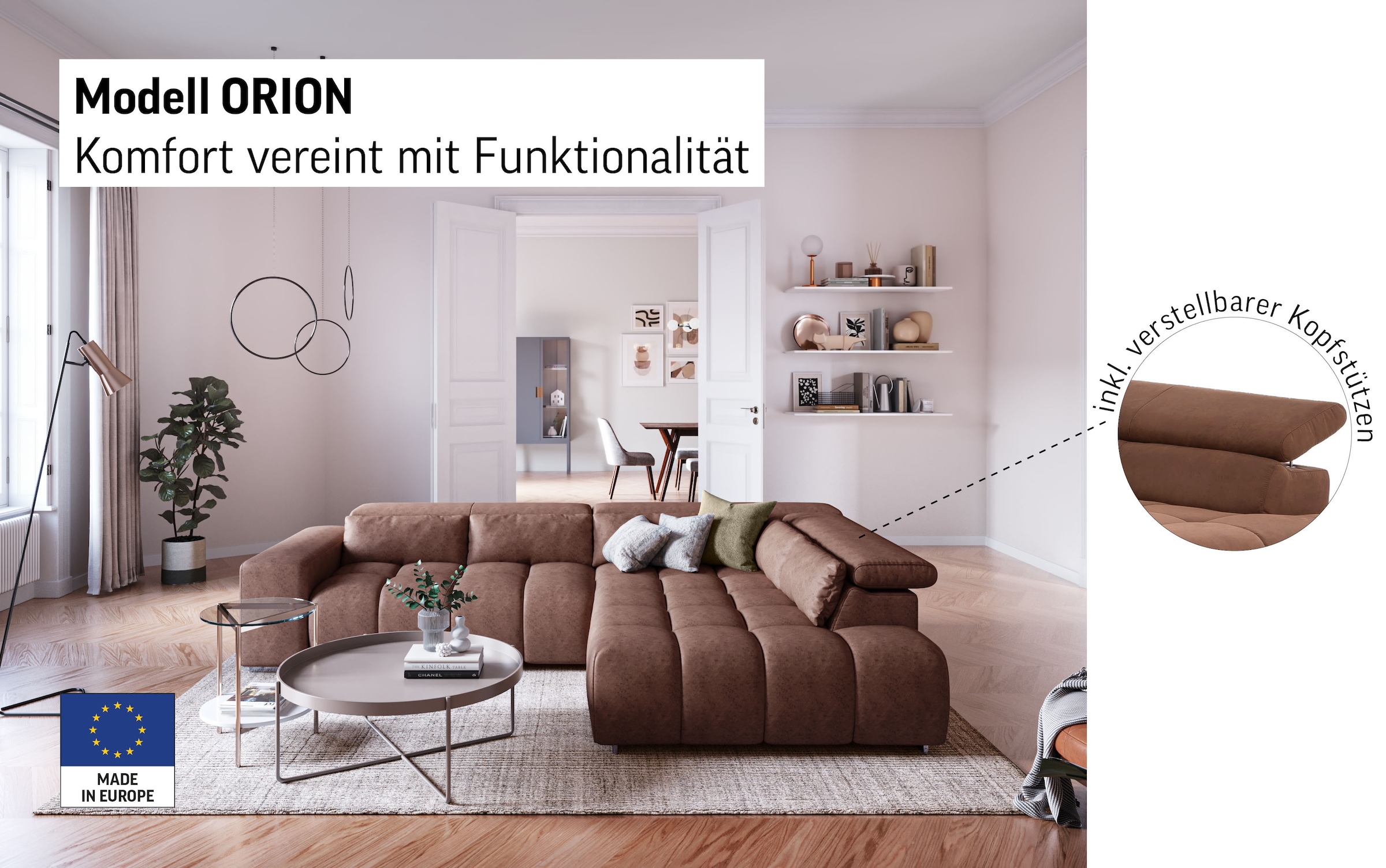 COTTA Ecksofa »Orion L-Form«, mit Kopfteilverstellung & 3 Nierenkissen