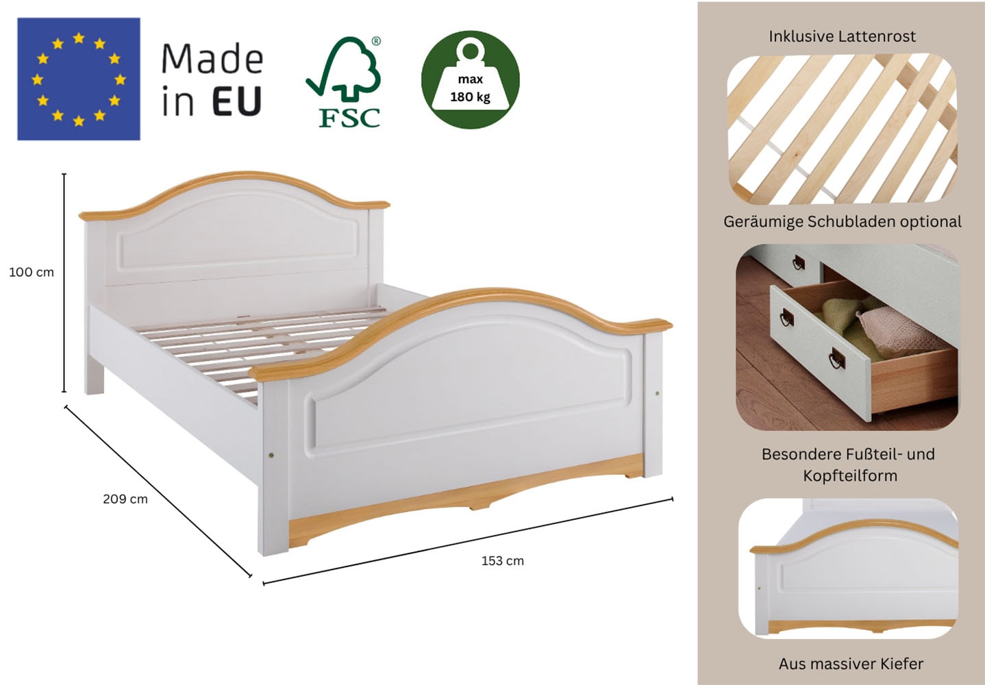 OTTO home Massivholzbett »Konrad, hohe Belastbarkeit! FSC® zertifiziertes Massivholz« Breite/Belastbarkeit 180cm/220 KG, 140cm/180 KG,  aus massivem Kiefernholz, FSC®-zertifiziert, INKLUSIVE Rollrost