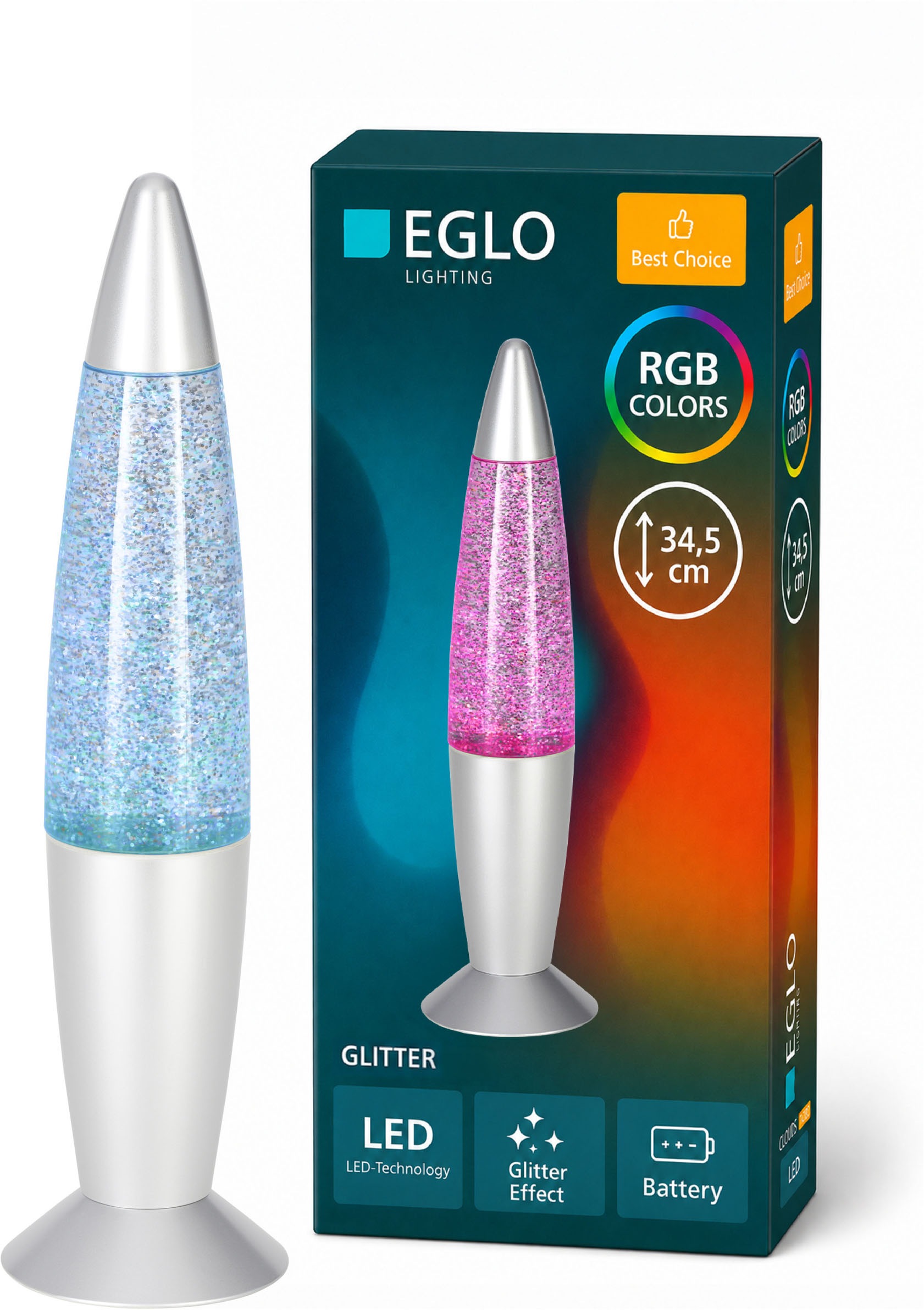 EGLO LED Tischleuchte »GLITTER« LED-Modul 1 Stk. LED Lavalampe Glitter, RGB Glitzerlampe mit Timer und Farbwechsel