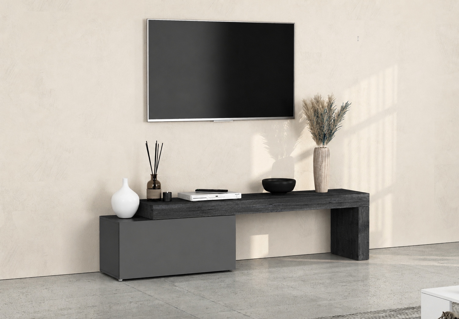OTTO home Lowboard "Lowboard Chronos TV-Board, TV-Schrank" Spar-Set, Breite verstellbar von 180 bis 260 cm, 1 Stk. tlg. 1 St., TV-Lowboard 220 cm, 1 Klappe, L-Aufsatz, Breite 180-260 cm