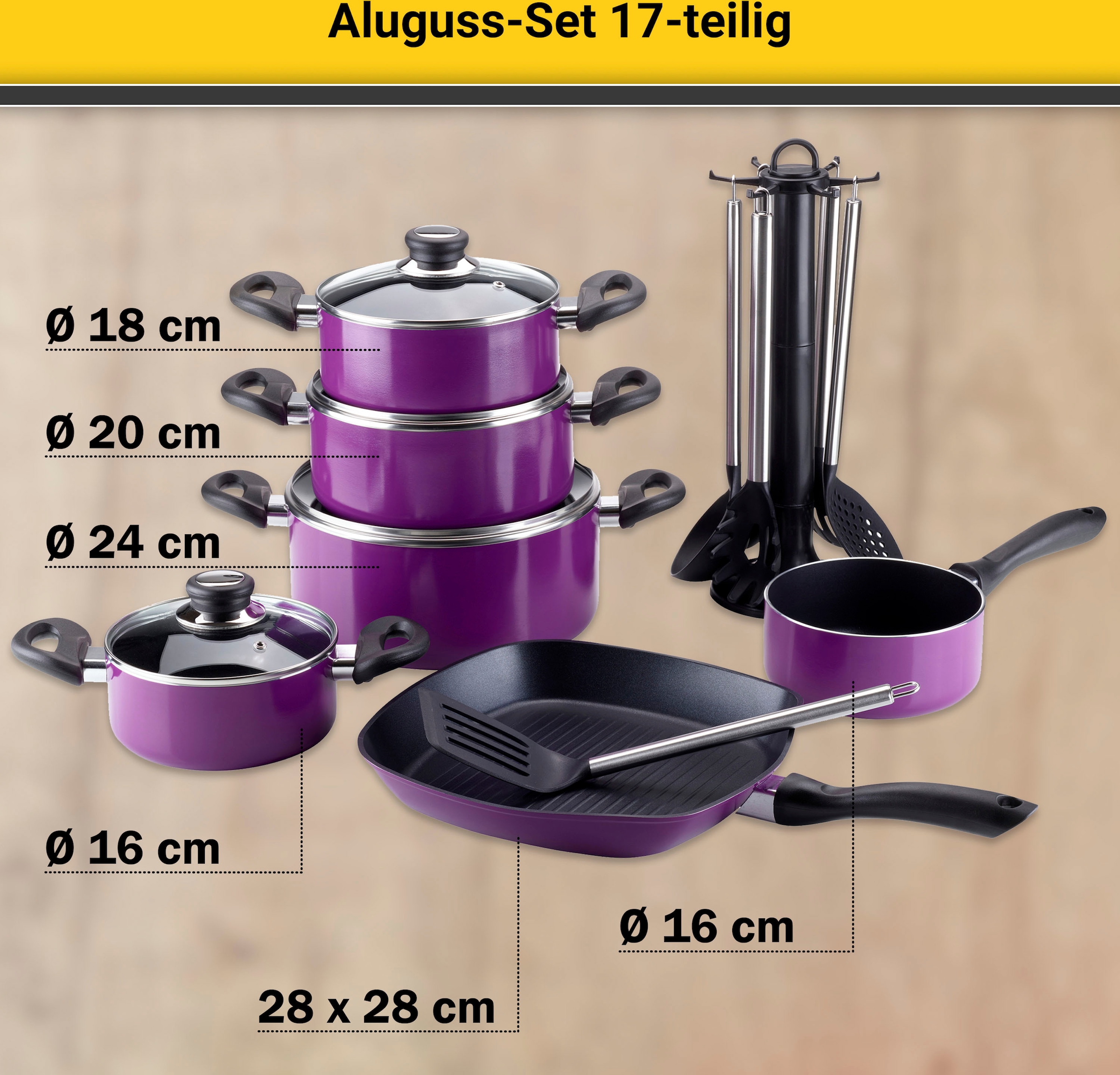 Krüger Topf-Set »Aluguss Topf- und Pfannenset inkl. praktischen Küchenhelfern, 17 tlg.«, Aluminiumguss, (Set, 17 tlg., Fleischtopf 16/18/20/24cm, Stieltopf 16cm Steakpfanne 7 T.Küchenhelfer), inkl. 7-tlg. Küchenhelfer-Set