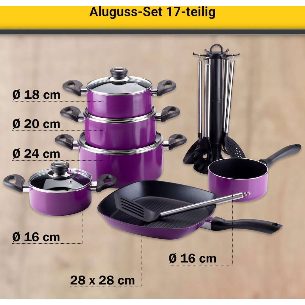 Krüger Topf-Set »Aluguss Topf- und Pfannenset inkl. praktischen Küchenhelfern, 17 tlg.«, Aluminiumguss, (Set, 17 tlg., Fleischtopf 16/18/20/24cm, Stieltopf 16cm Steakpfanne 7 T.Küchenhelfer)