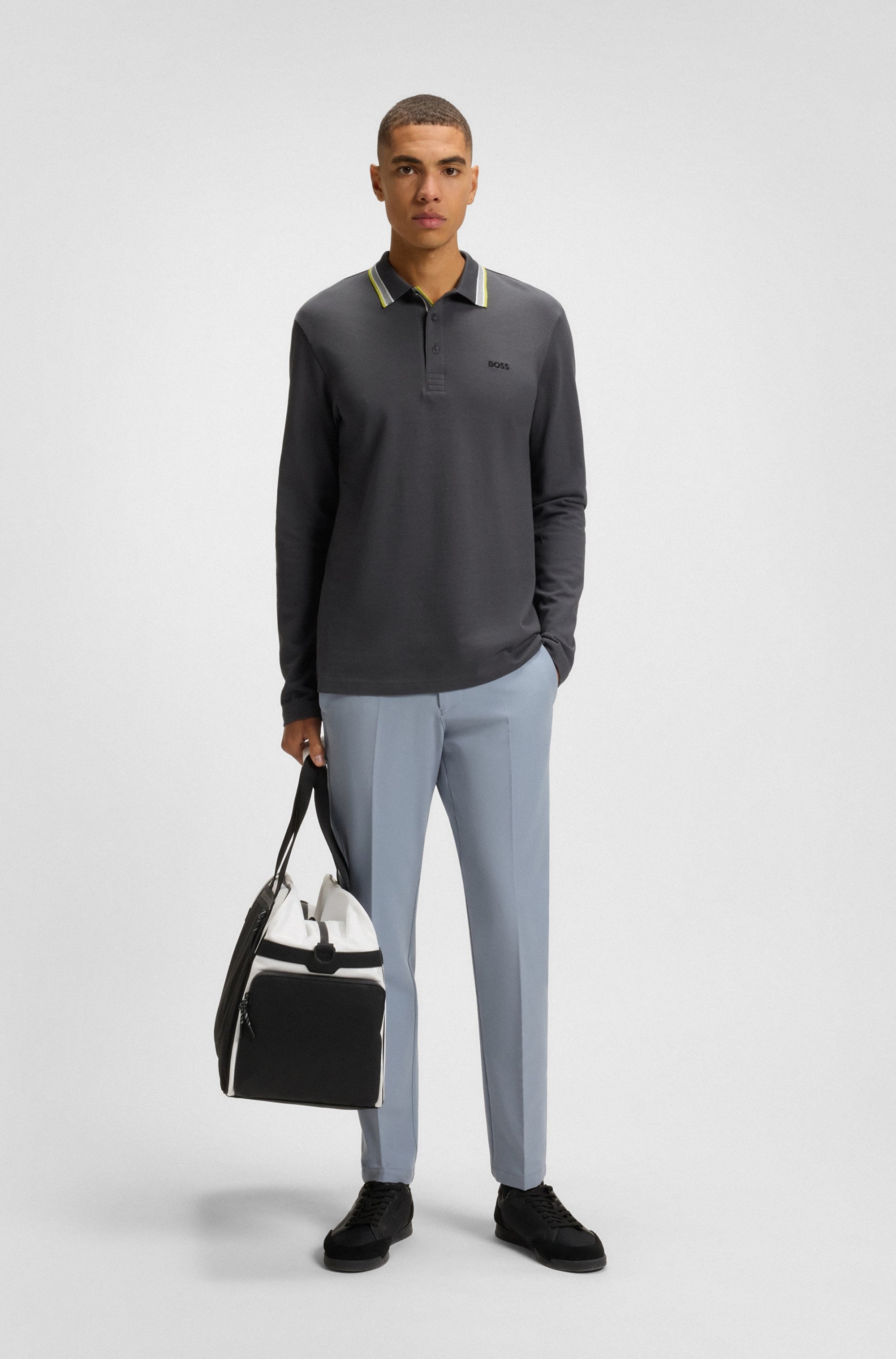 BOSS GREEN Langarm-Poloshirt »Plisy«, mit Streifen am Kragen