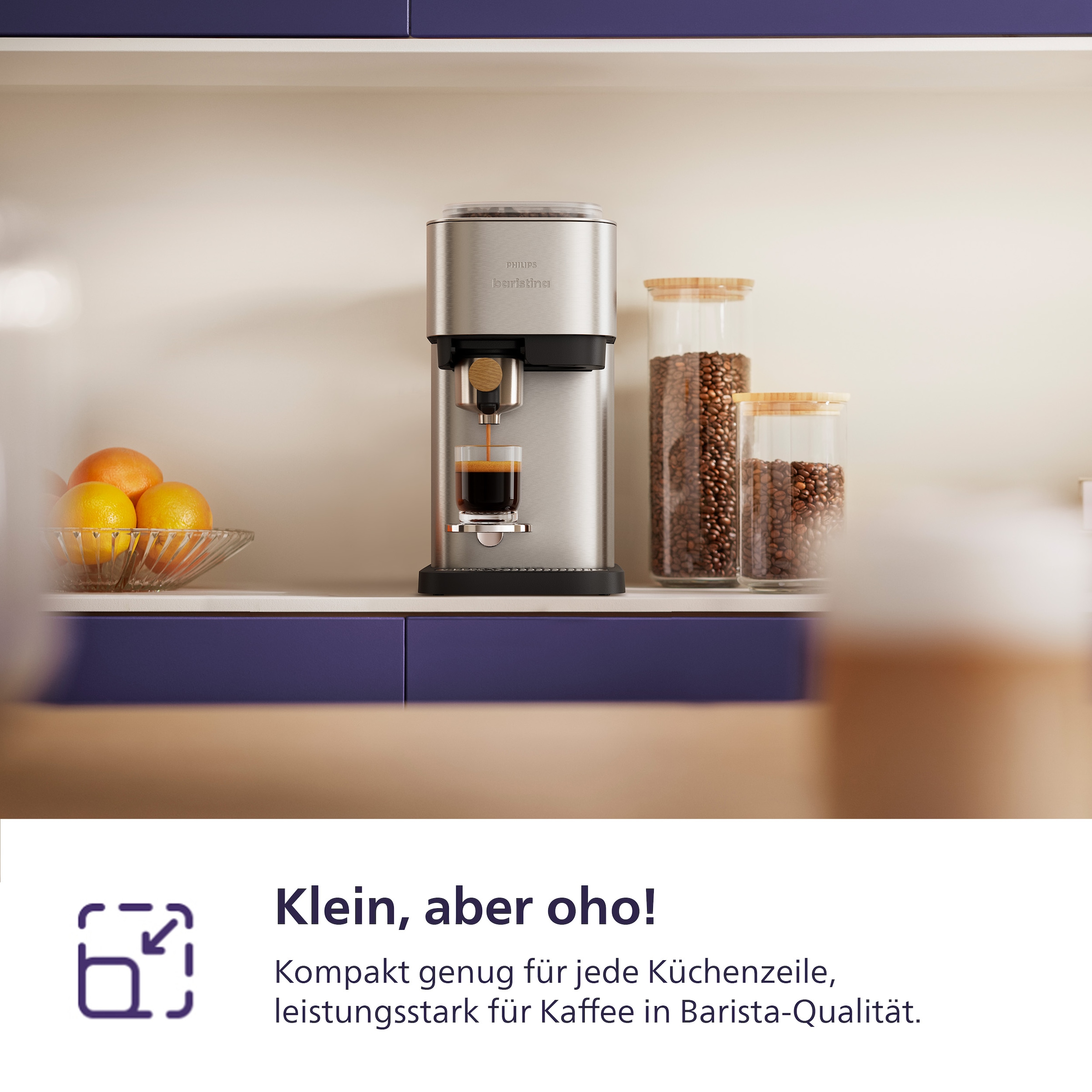PHILIPS baristina Espressomaschine »Plus in Edelstahl BAR500/00 mit Mahlwerk für ganze Bohnen« Iced Coffee Funktion, 16 bar Pumpendruck, Edelstahl/Eschenholz