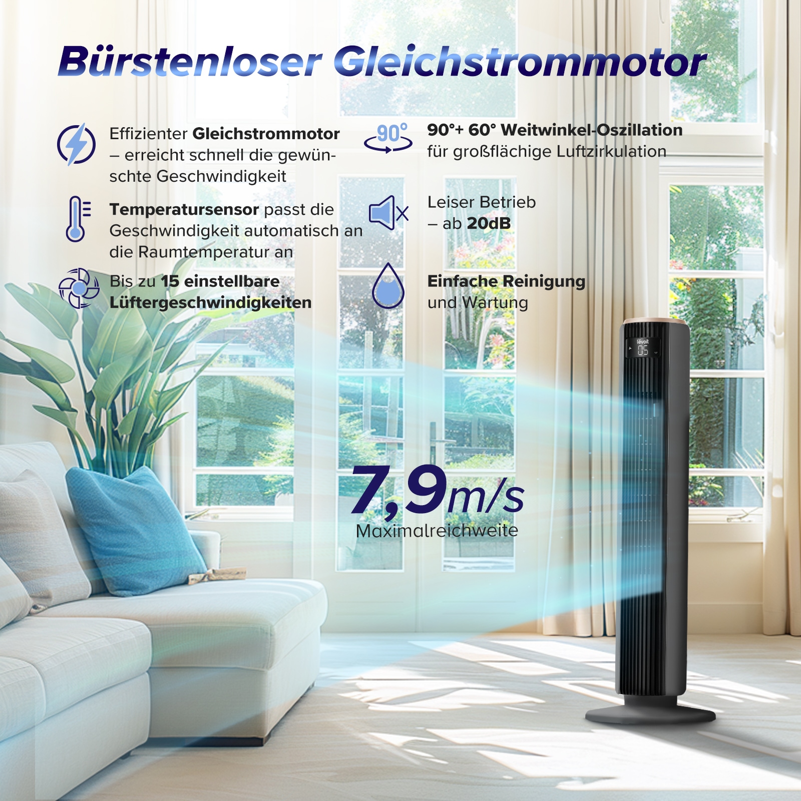 Levoit Turmventilator »Tempsense 36 DC« mit Fernbedienung, oszillierend, 15 Lüftergeschwindigkeiten