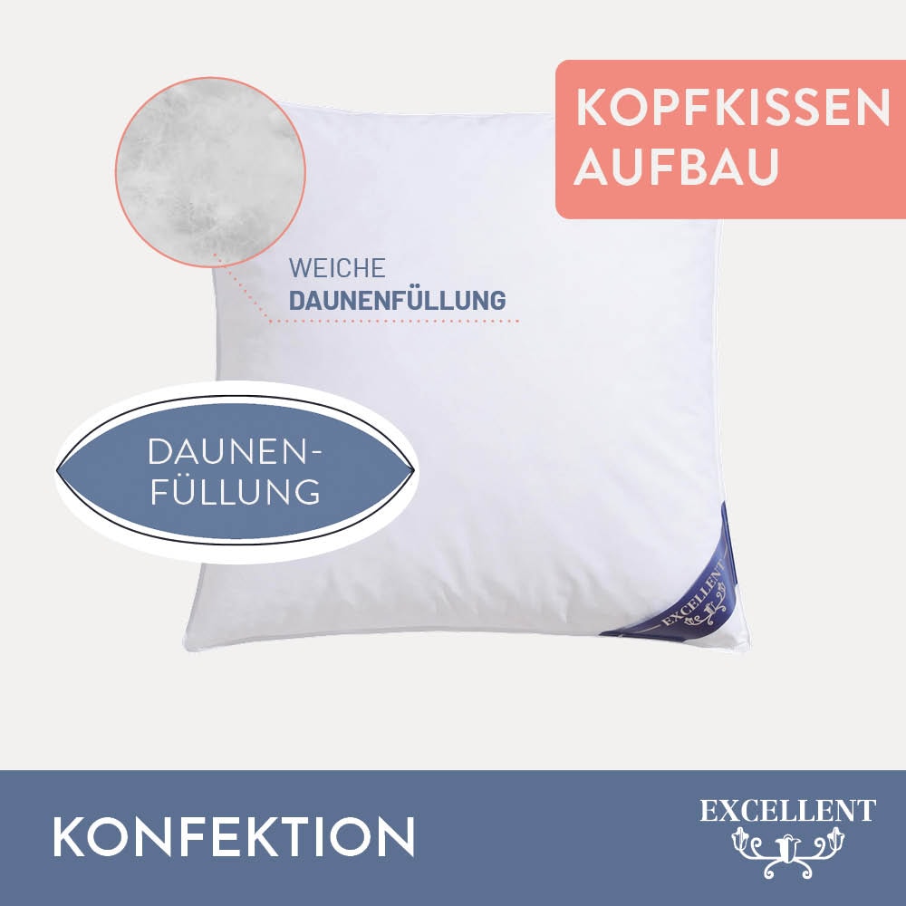 Excellent Federkopfkissen »Zürich, Kopfkissen in 40x80 und 80x80«, Füllung: 70% Federn, 30% Daunen, Bezug: 100% Baumwolle, (1 St.), allergikerfreundliches Kissen mit Daunenanteil