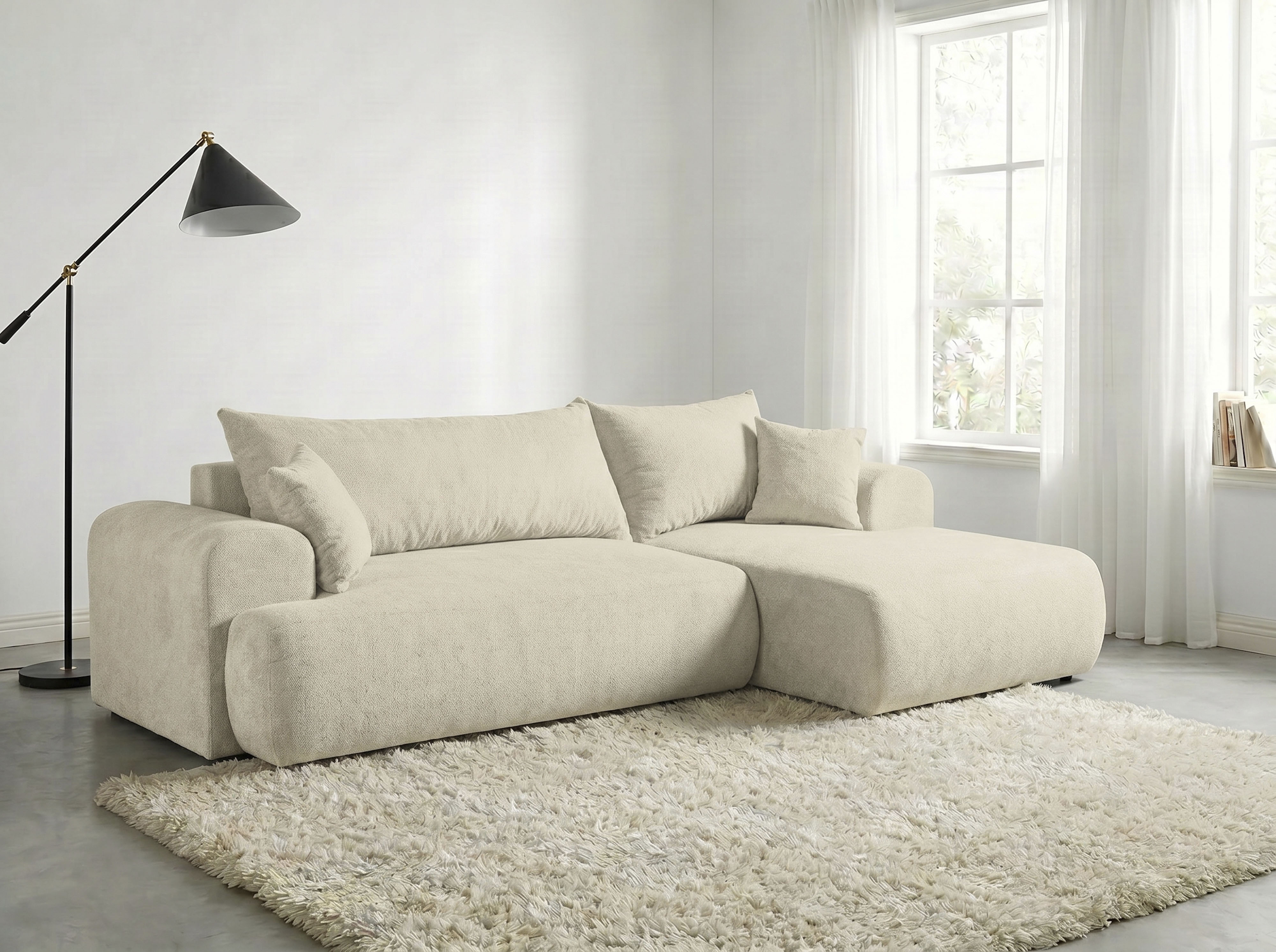 WERK2 Ecksofa "Ewela 265 x 145 cm modern und bequem" Bouclé, L-Form, Schlaffunktion, Bettkasten