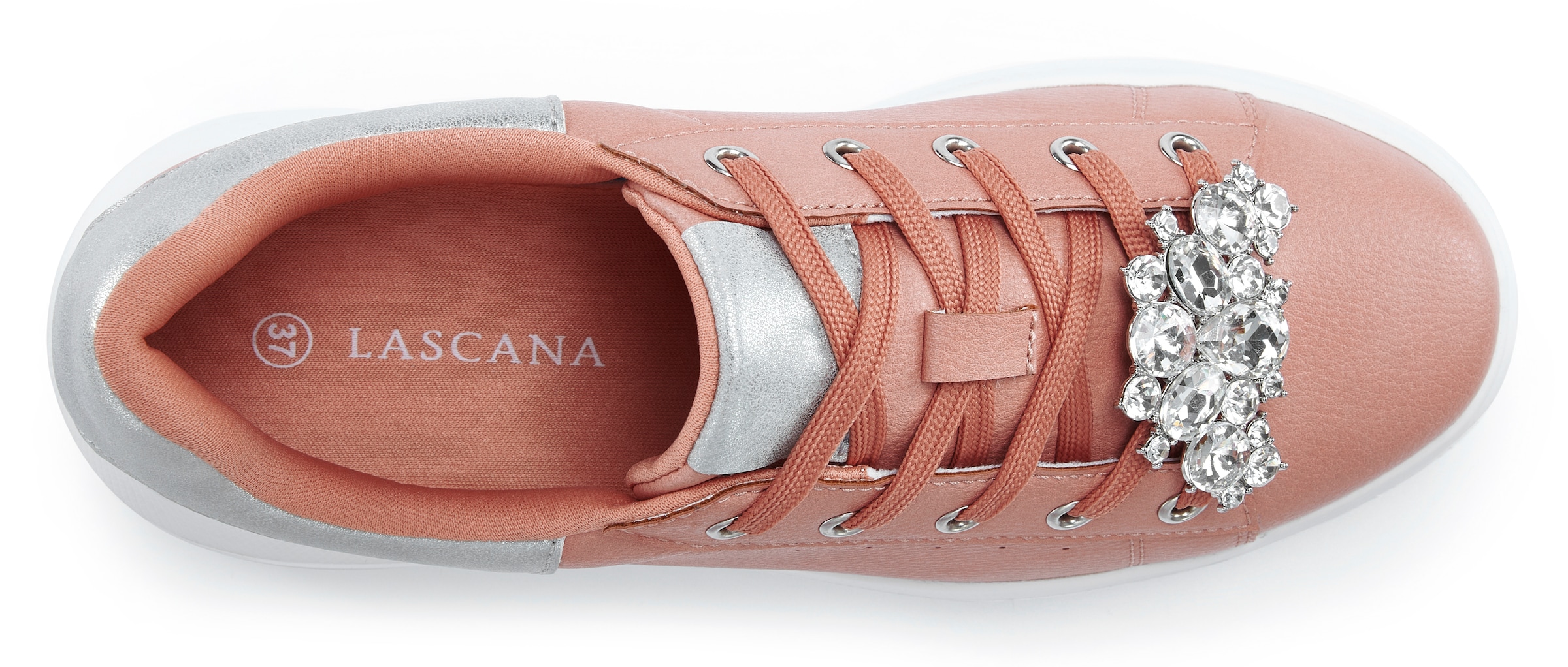 LASCANA Sneaker »Freizeitschuh, Schnürhalbschuh, Halbschuh,«, mit Metallicdetails und abnehmbarer Brosche VEGAN