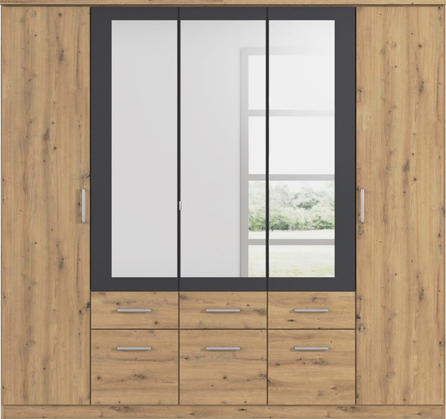 rauch Kleiderschrank »Drehtürenschrank Schrank Garderobe BURANO«, mit Schubladen und Spiegelumrandung in Farbabsetzung MADE IN GERMANY