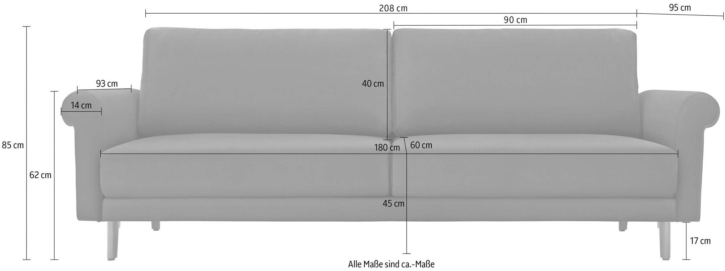 hülsta sofa 3-Sitzer »hs.450«, modern Landhaus, Breite 208 cm, Füße in Nussbaum