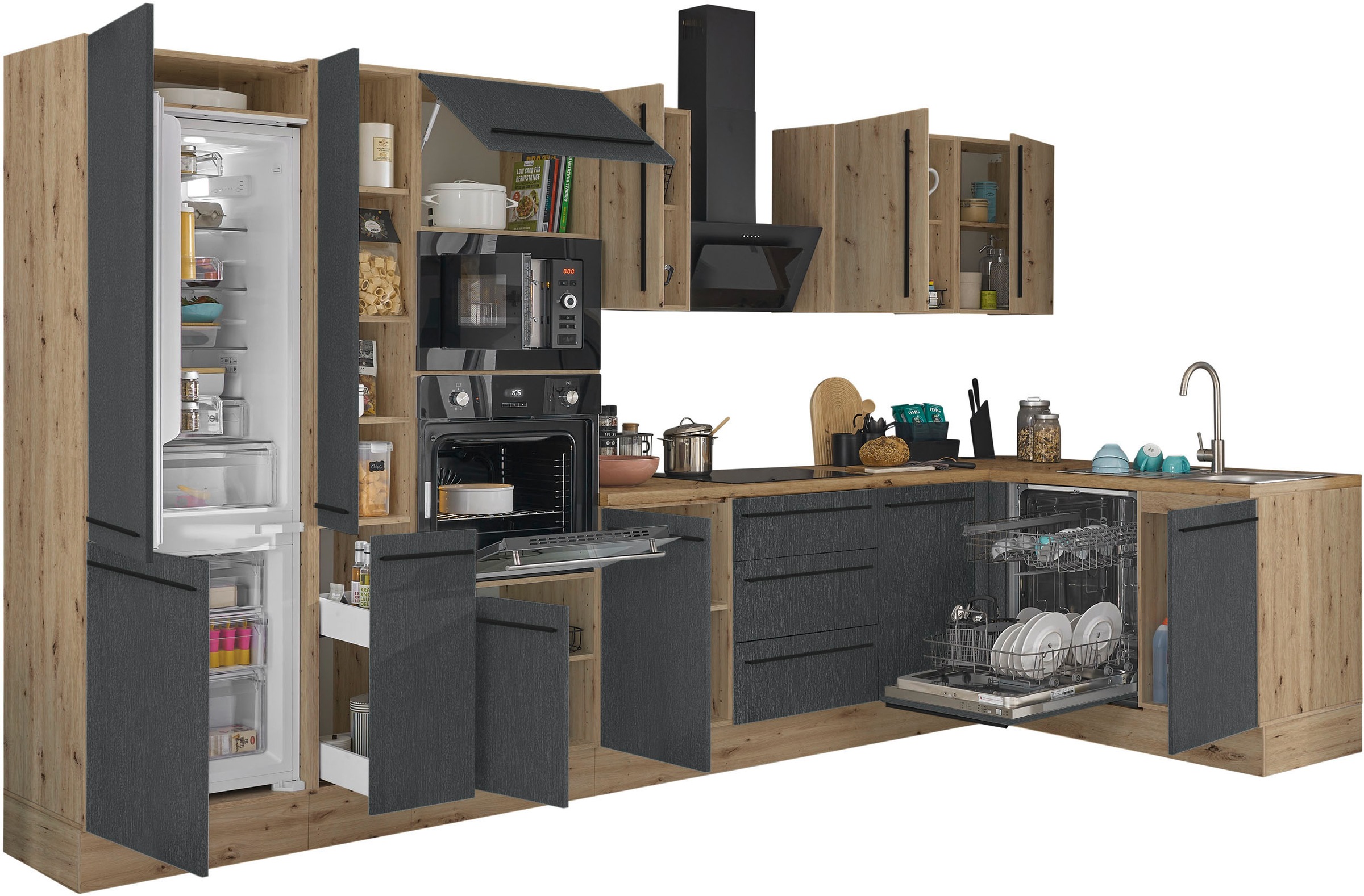 KOCHSTATION Winkelküche »Florida, Stellbreite 370x175 cm« wahlweise mit E-Geräten, mit Softclose für Türen und Schubkästen