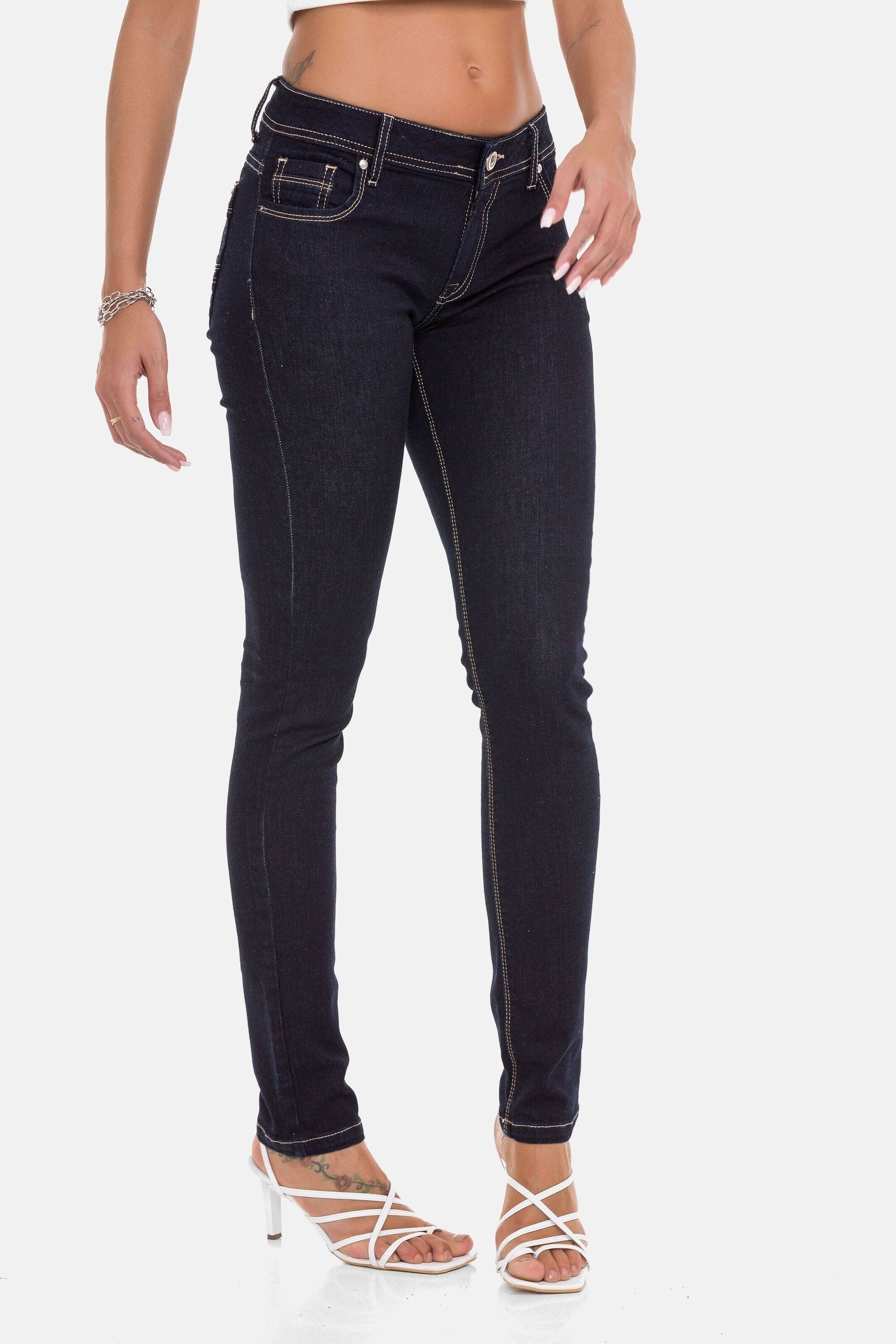 Slim-fit-Jeans CIPO & BAXX "Jeans", Damen, Gr. 31, Länge 32, blau (navyblau), 98% Baumwolle, 2% Elasthan, unifarben, slim fit lang, Jeans Slim-fit-Jeans, im Used-Look, WD443 3