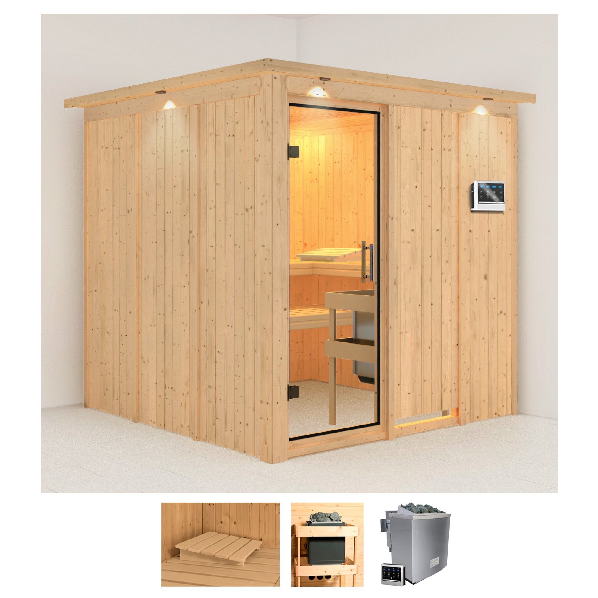 Karibu Sauna "Rodin" Set, 9-kW-Bio-Ofen mit externer Steuerung