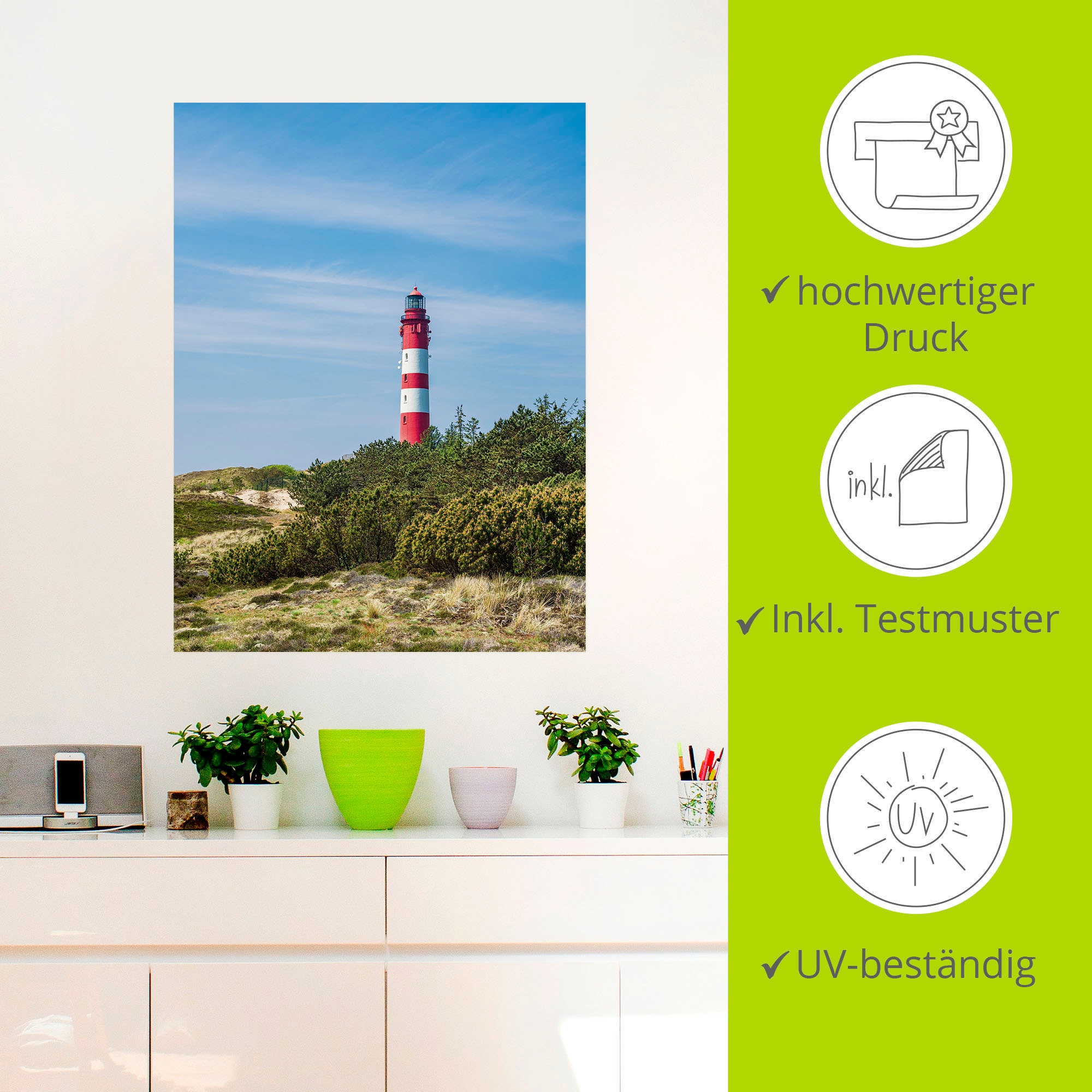Artland Wandbild »Leuchtturm in Wittdün auf Insel Amrum«, Gebäude, (1 St.), als Alubild, Leinwandbild, Wandaufkleber oder Poster in versch. Größen