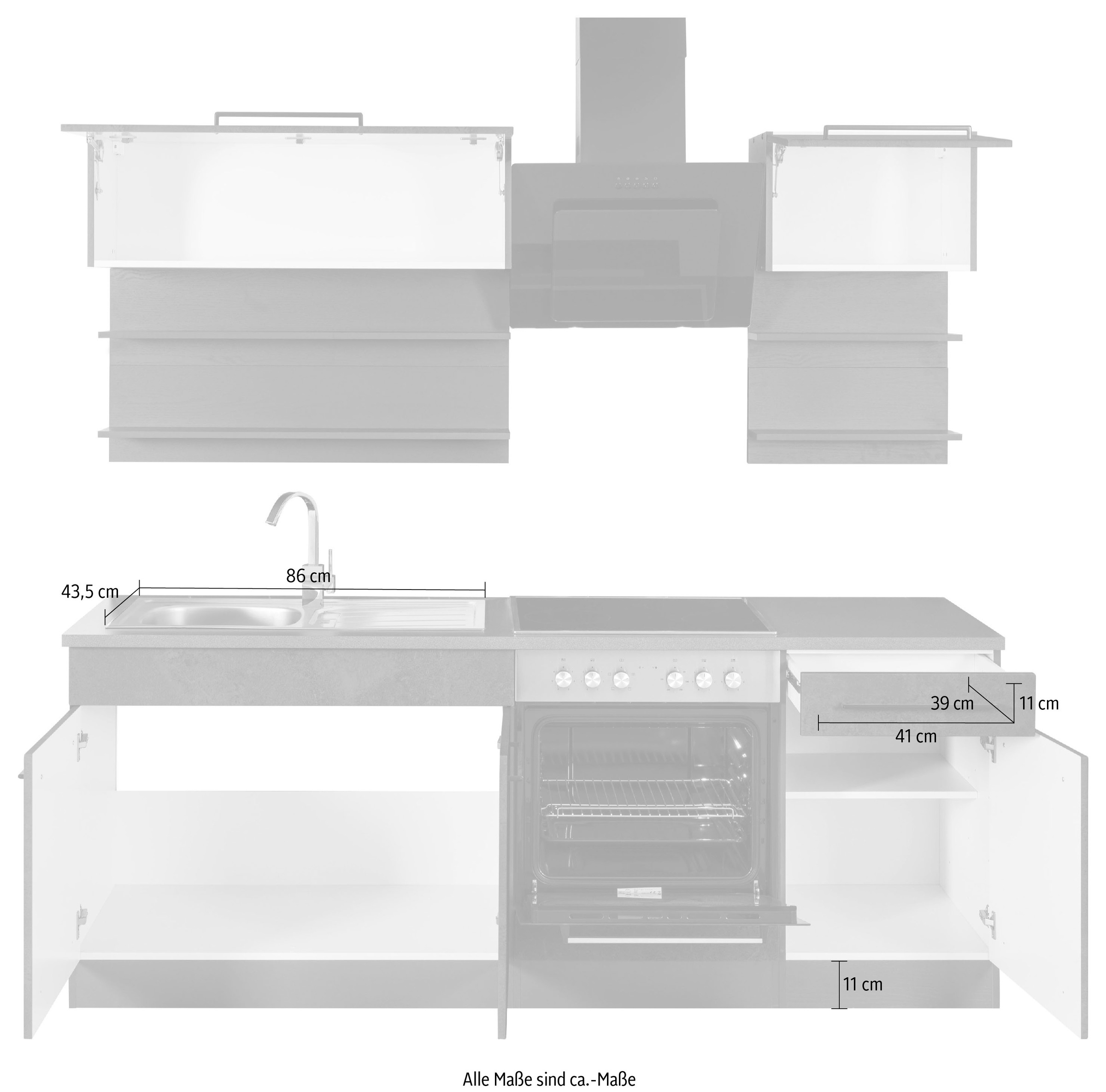 KOCHSTATION Küchenzeile »KS-Tulsa«, Breite 210 cm, schwarze Metallgriffe, hochwertige MDF Fronten