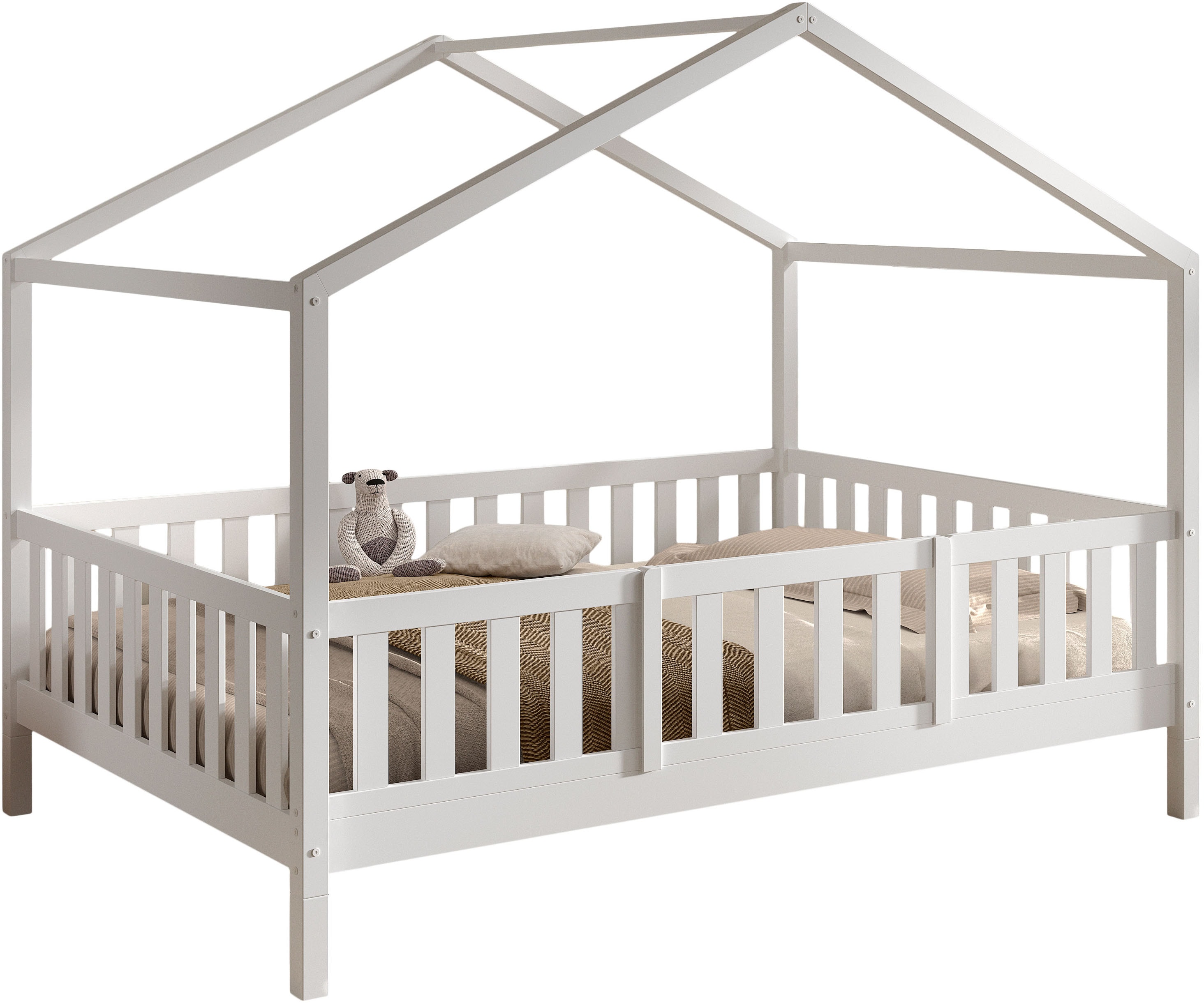 Vipack Hausbett "Dallas, Massivholzbett mit Dachaufbau umbaubar vom Boden- zum Daybett" inkl. Lattenrost, Rausfallschutz, Sprossen, 90 oder 140x200 cm breit, stabil und standfest gebaut, wahlweise Kiefer massiv natur oder weiß
