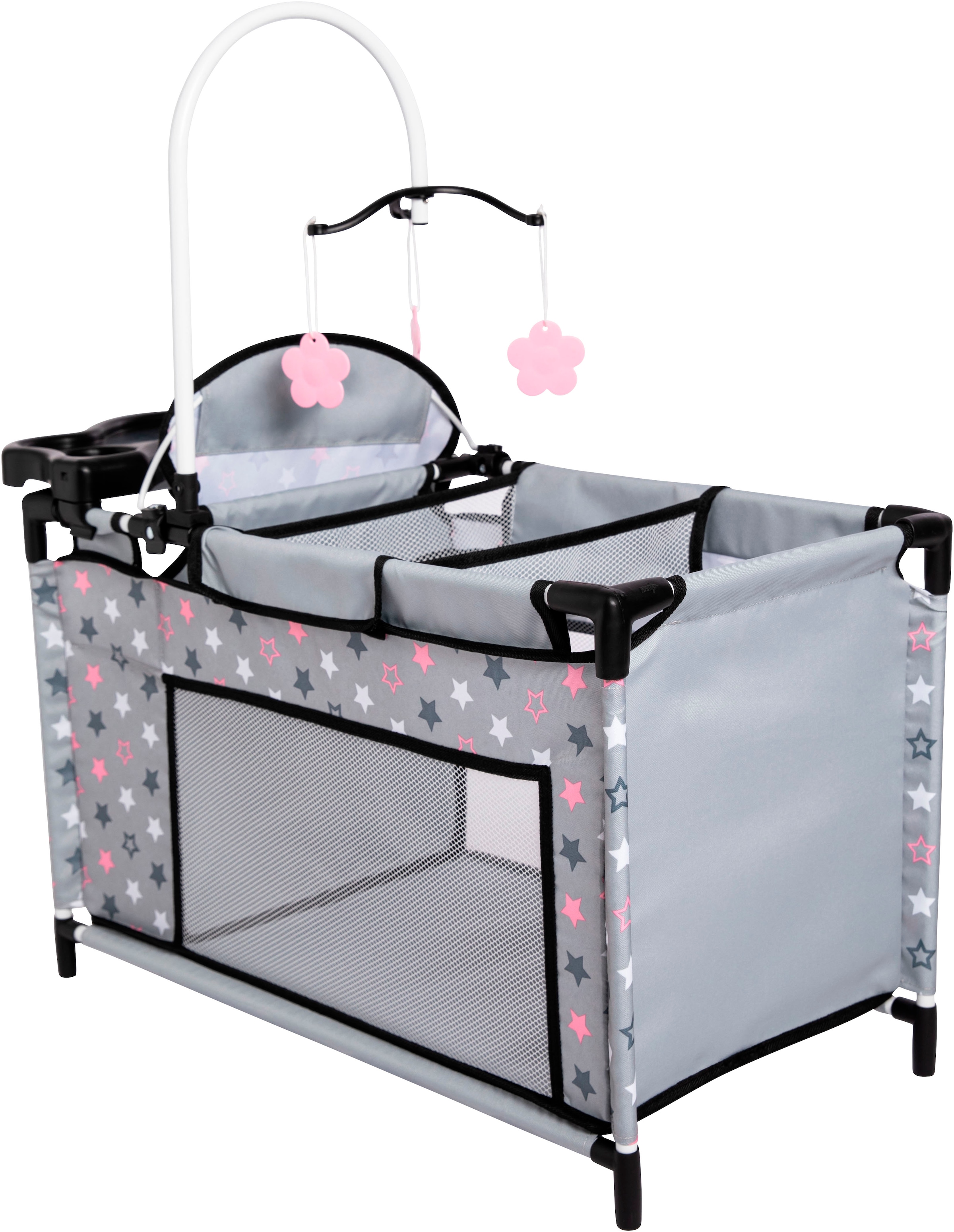 Bayer Puppenbett »Puppenmultibett, grau«, Mit integriertem Hochstuhl, Wickelablage und Mobile