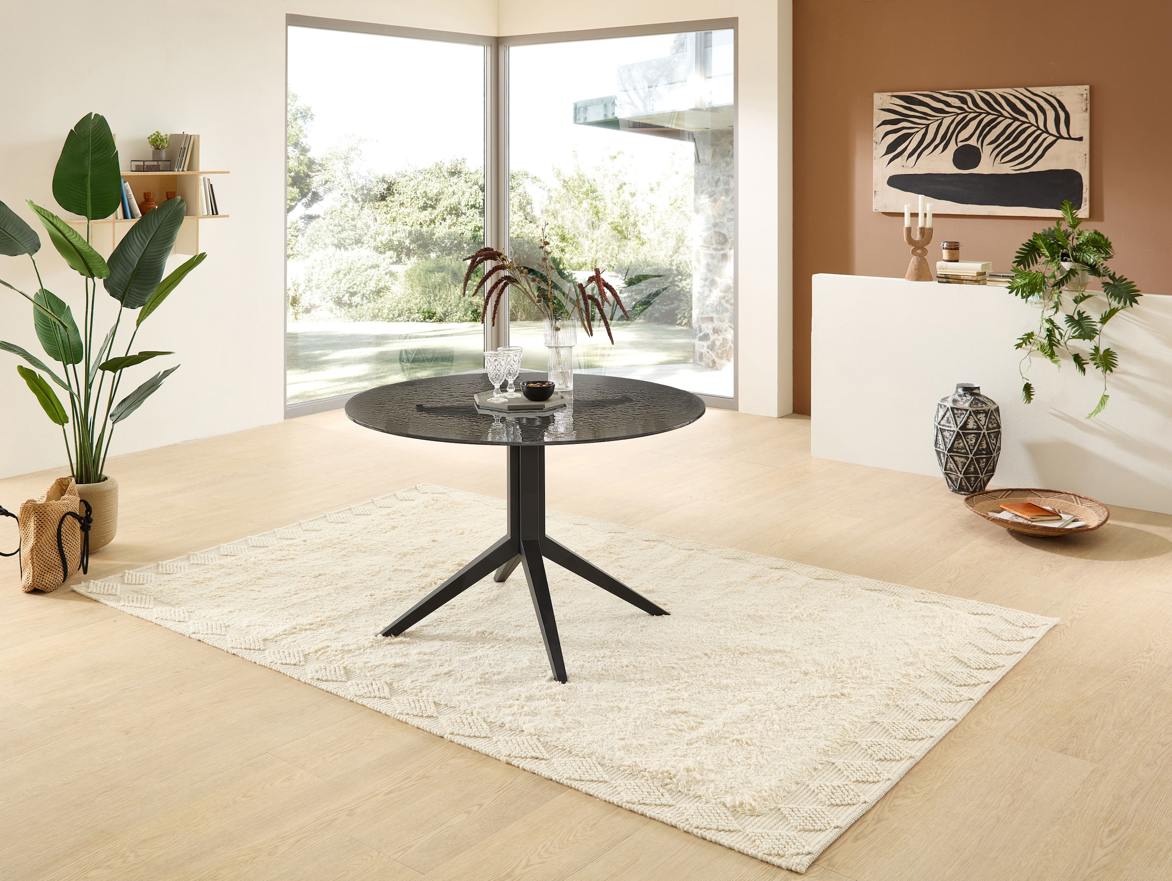 Stolkom Esstisch »Leano Glastisch rund schwarz, Esszimmertisch BxH 110x76 cm«, Sicherheitsglas Bruchsicher, Water Ripple Effekt schwarz getönt