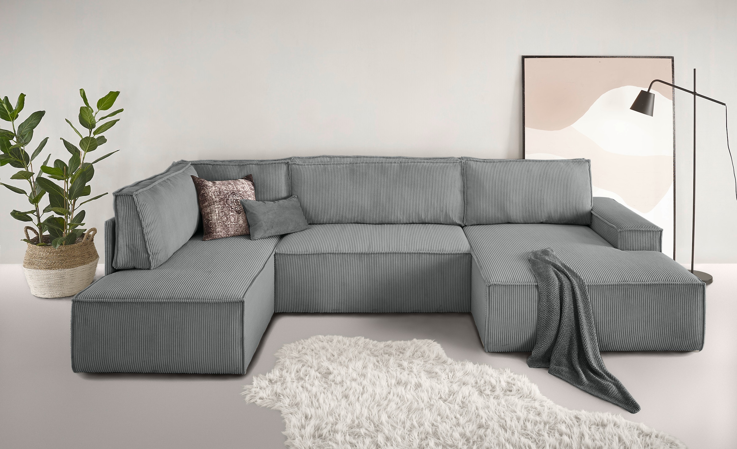 Home affaire Wohnlandschaft »SHERWOOD 329 cm, U-Form, Schlafsofa,«, Schlaffunktion m. Bettkasten (194x139 cm), Cord, Vintage, Samtvelours
