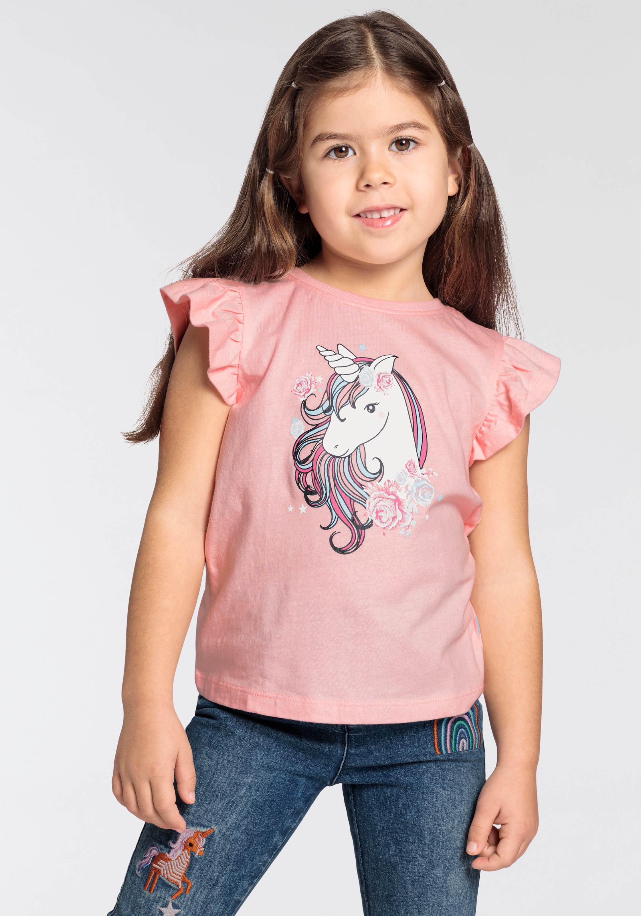 T-Shirt KIDSWORLD "mit Einhorn-Druck", Mädchen, Gr. 104/110, rosa, Single Jersey, Obermaterial: 100% Baumwolle, bedruckt, Basic hüftlang, Rundhals, Shirts T-Shirt, Kurzarm, basic geschnitten, mit modischem Druck