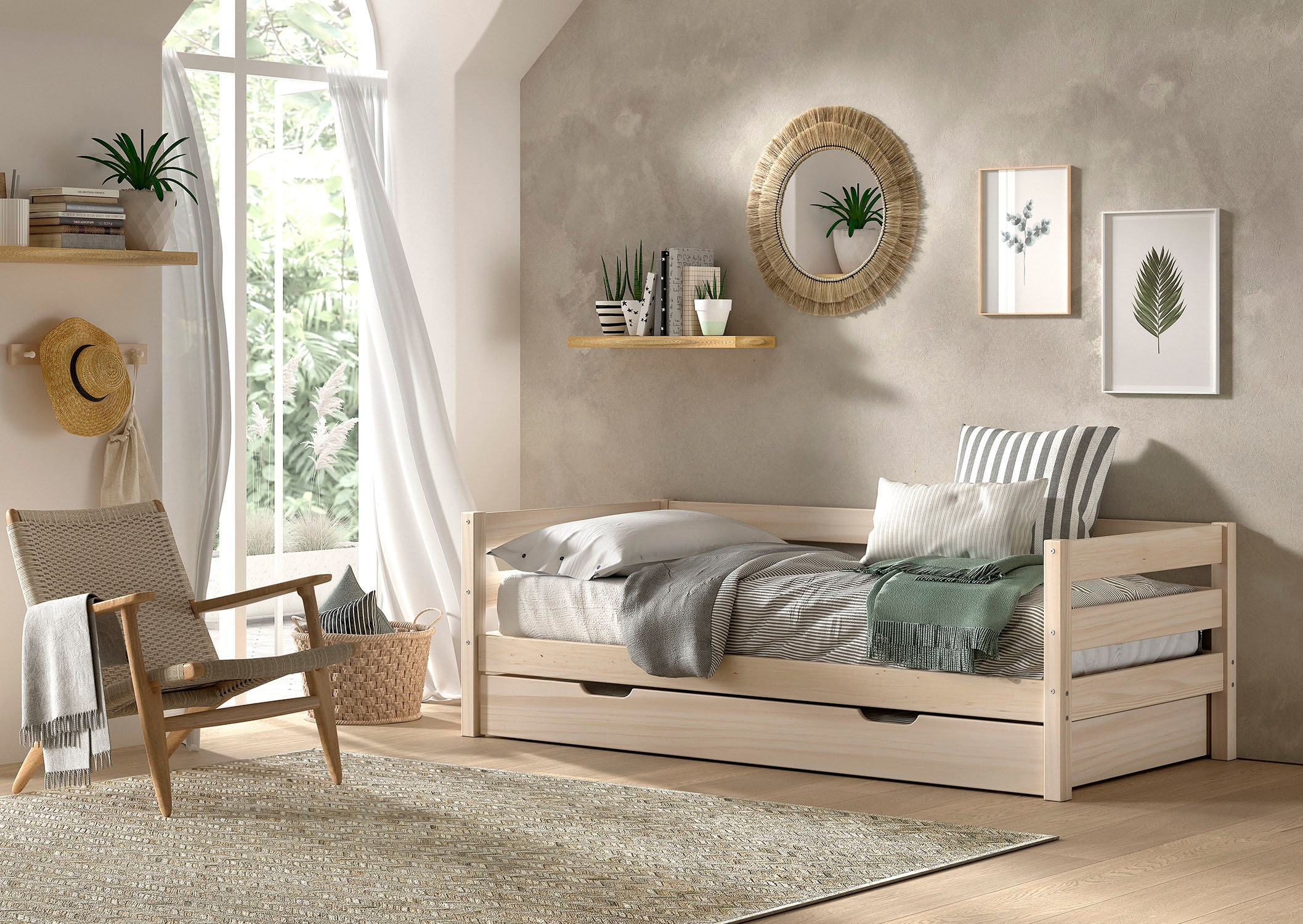 Vipack Daybett »Margrit mit Bettschublade, in zeitlosem Design, universell einsetzbar« Liegefläche 90 x 200 cm, inkl. Rolllattenrost und seitlichem Umbau,  stabiles Massivholzbett, wahlweise in 2 Farben erhältlich