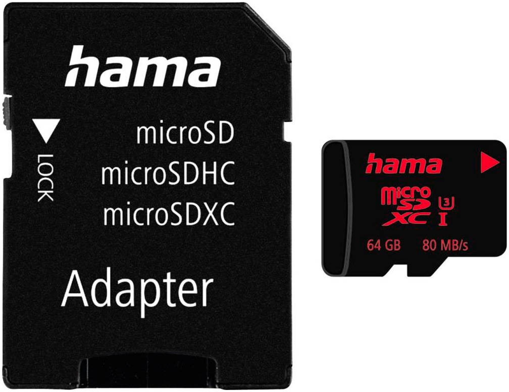 HAMA Speicherkarte "microSD Karte Memory Pro 4K, Adapter/Mobile, UHS Speed C3 UHS-I 80MB/s", 64 GB, schwarz, Speicherkarten