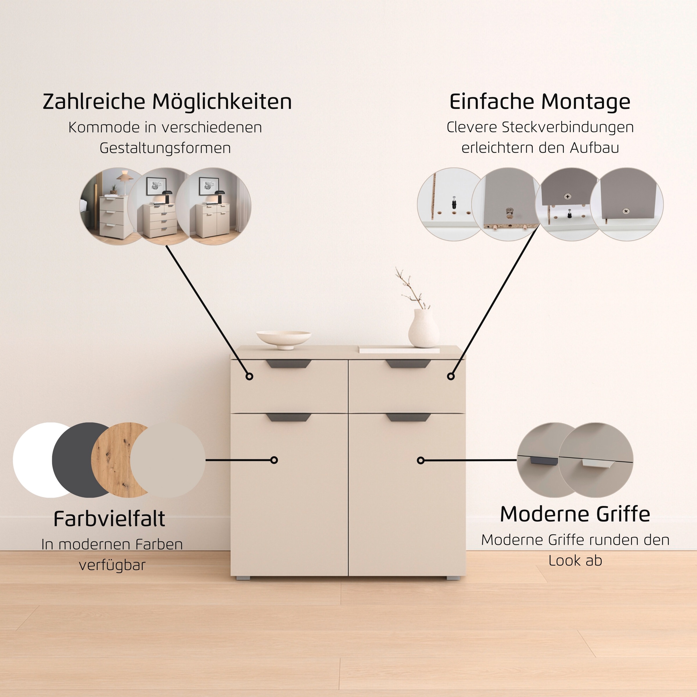 rauch Kombikommode »Sideboard Schubladenkommode COSTA mit farblich passenden Metallgriffen« in 2 Griff-Farben, Breite 80 cm,  mit 2 Schubladen und 1 verstellbaren Einlegeboden MADE IN GERMANY